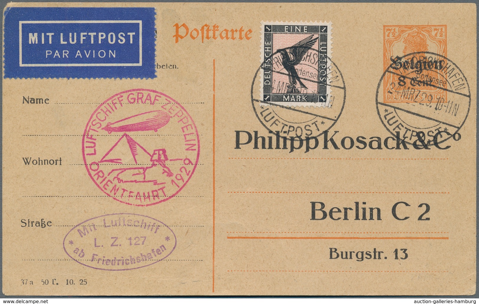 Zeppelinpost Deutschland: 1929, Orientfahrt, Als Formular Verwendete Ganzsachenkarte Dt.Bes. Belgien - Poste Aérienne & Zeppelin