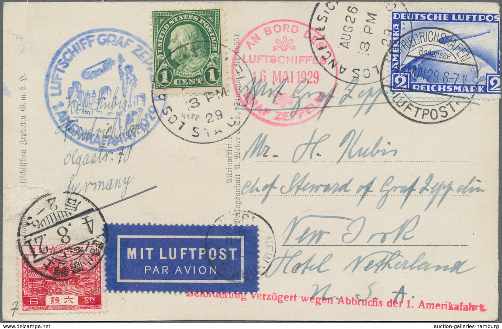 Zeppelinpost Deutschland: 1929, Attempted America Trip/Round The World Trip, Zeppelin Ppc Franked Wi - Poste Aérienne & Zeppelin