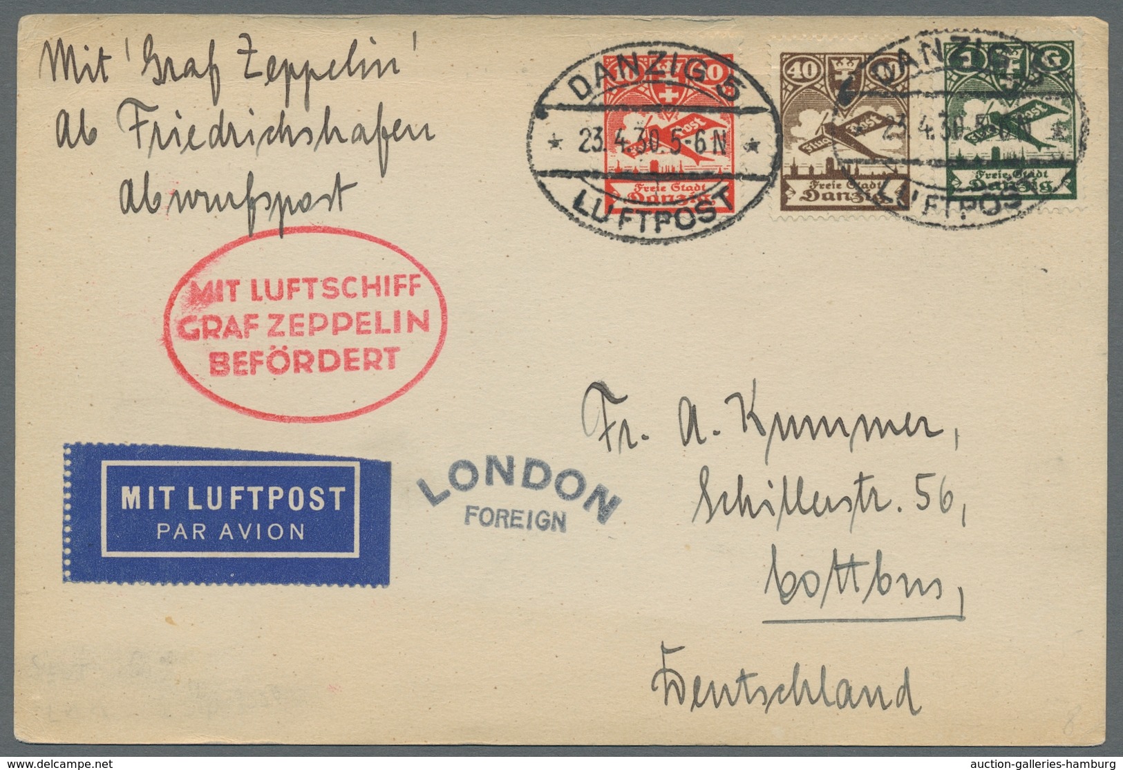 Zeppelinpost Deutschland: 1930 - Englandfahrt, Zuleitung Danzig Auf Karte Mit Bestätigungsstempel Un - Airmail & Zeppelin