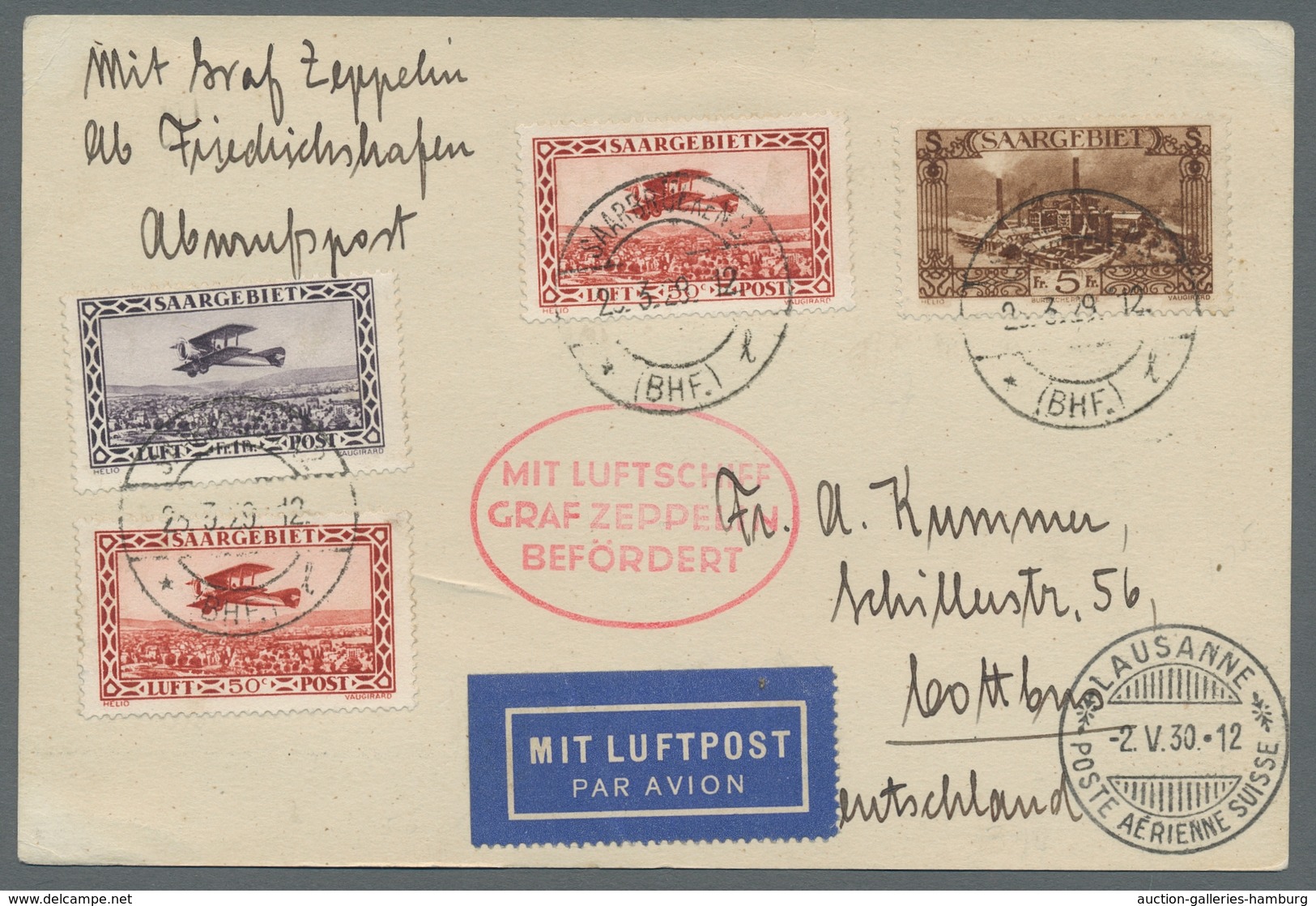 Zeppelinpost Deutschland: 1930 - Schweizfahrt, Zuleitung Saar Auf Portorichtig Frankierter Karte Mit - Correo Aéreo & Zeppelin