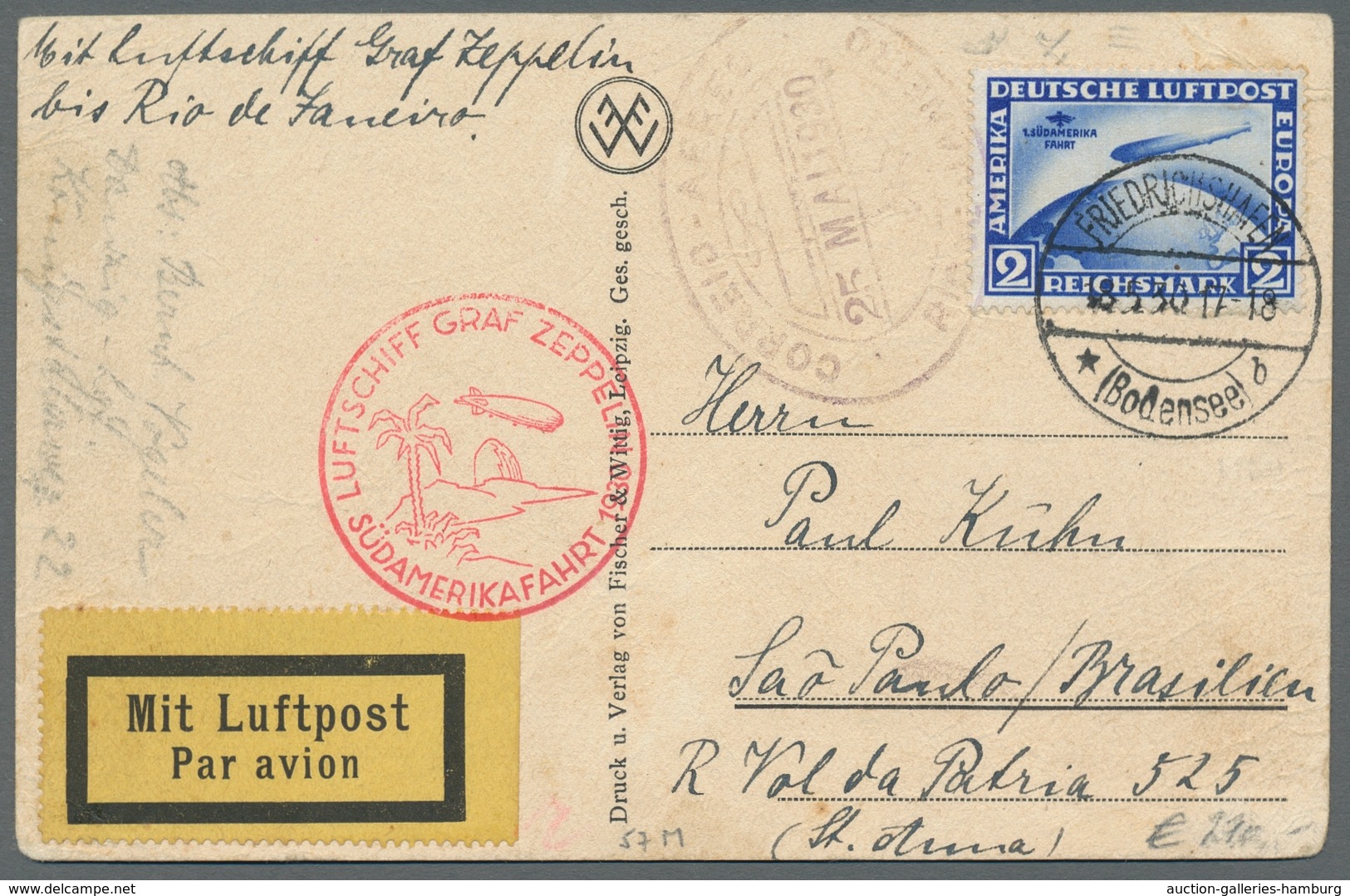 Zeppelinpost Deutschland: 1930, Südamerikafahrt 2,- Mark (Mi.Nr.438) Entwertet Mit Stempel "Friedric - Luft- Und Zeppelinpost