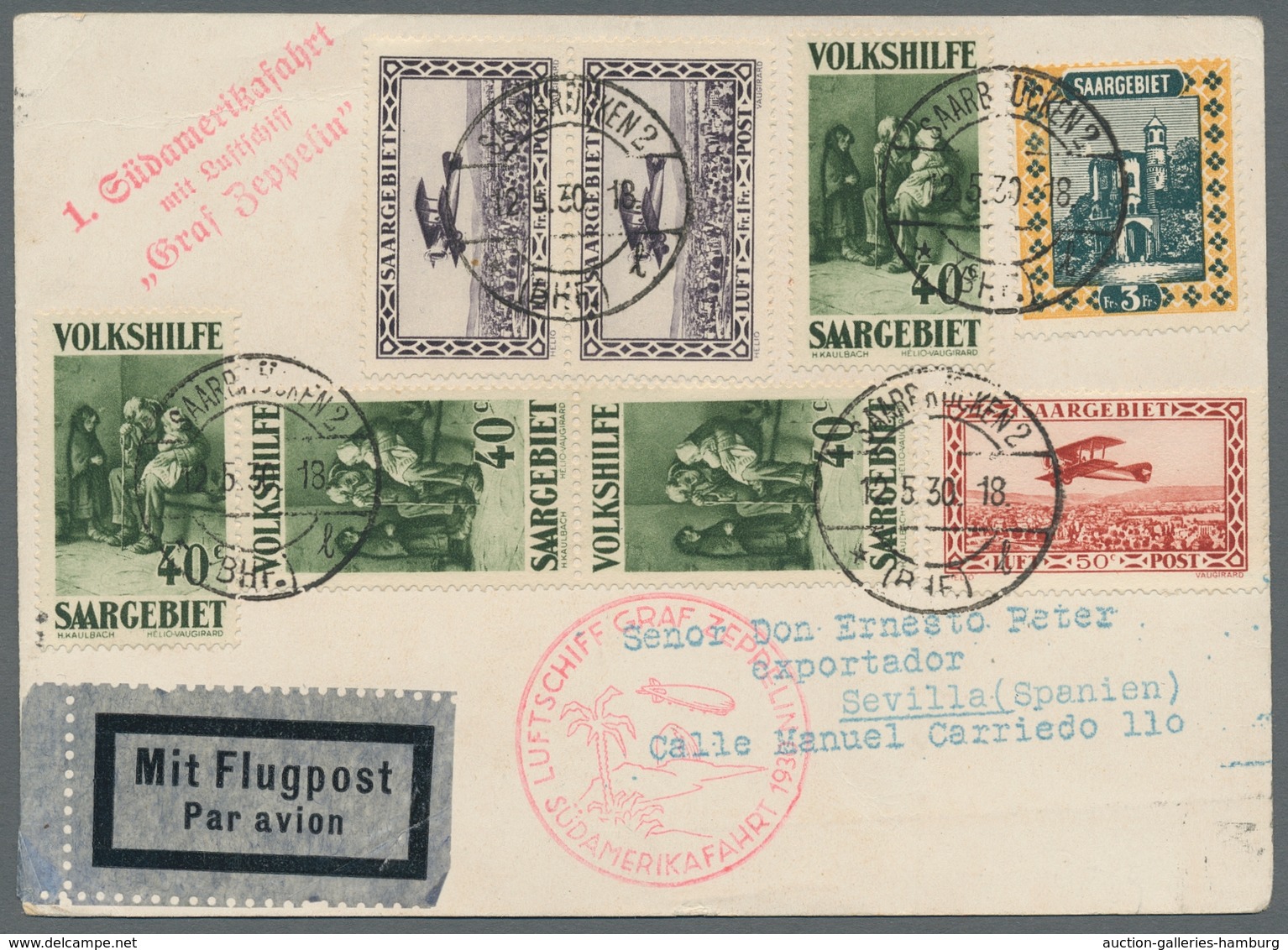 Zeppelinpost Deutschland: 1930 - SAF, Zuleitung Saar Auf Portorichtig Frankierter Karte Bis Sevilla - Poste Aérienne & Zeppelin