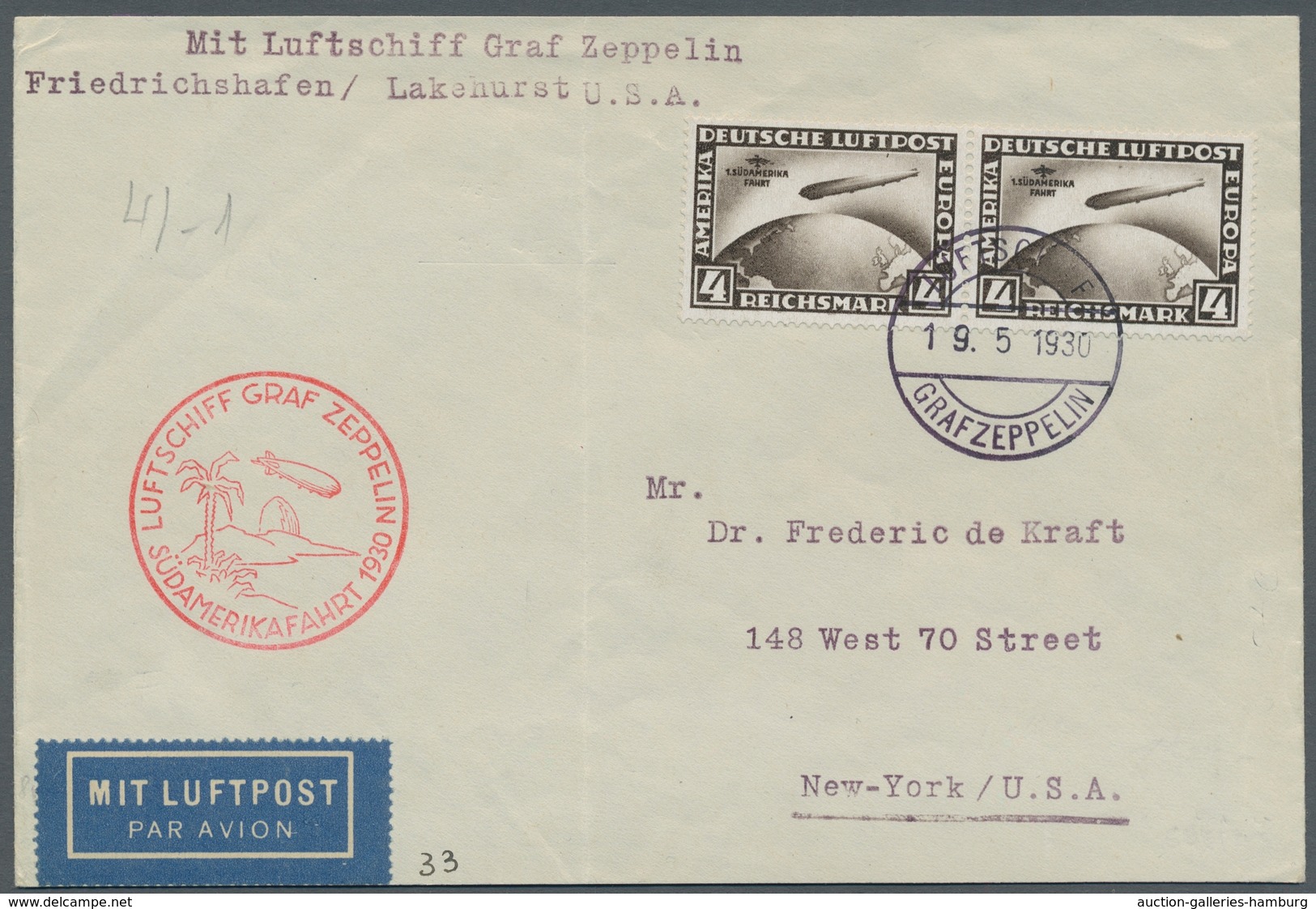 Zeppelinpost Deutschland: 1930 - SAF, Mit Waag. Paar 4 RM SAF Frankierter Bordpostbrief Mit Bestätri - Correo Aéreo & Zeppelin