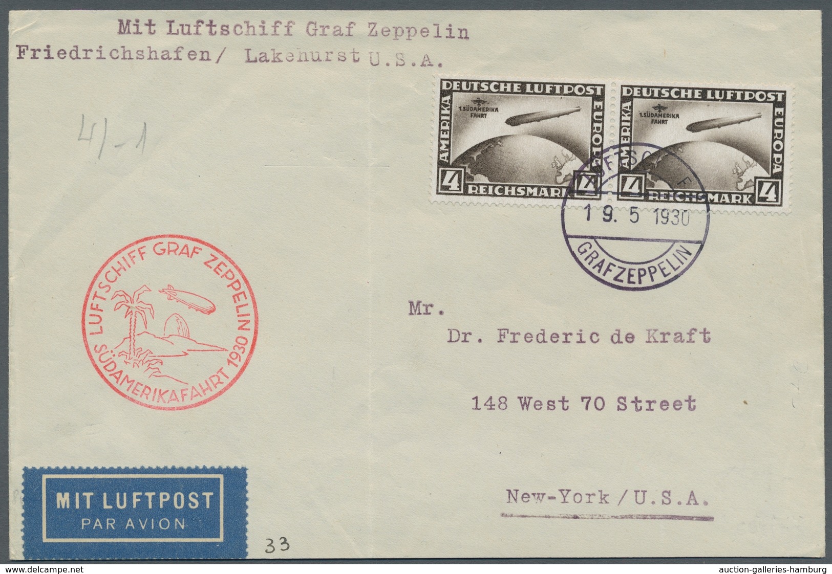 Zeppelinpost Deutschland: 1930 - SAF, Mit Waag. Paar 4 RM SAF Frankierter Bordpostbrief Mit Bestätri - Poste Aérienne & Zeppelin