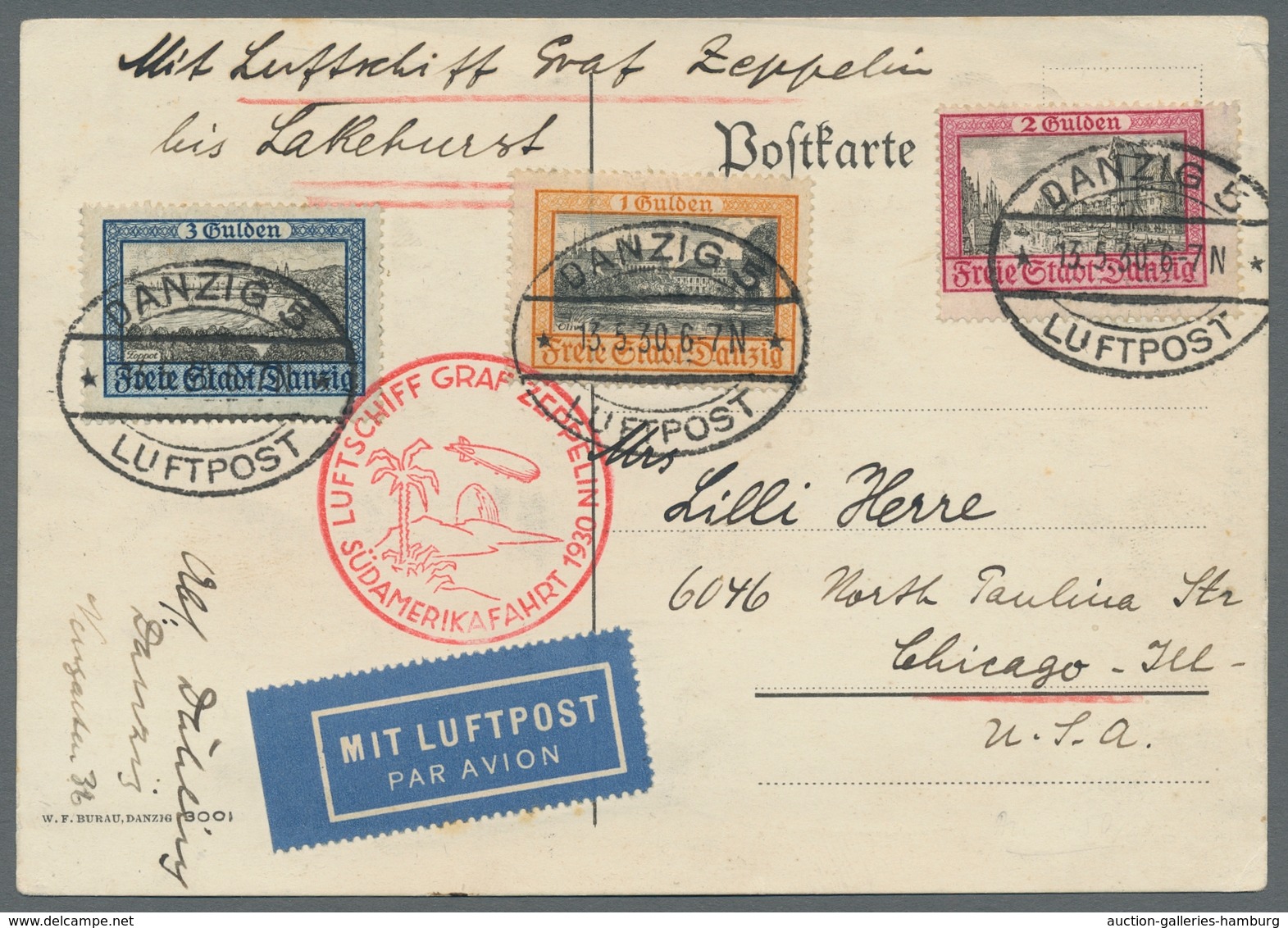 Zeppelinpost Deutschland: 1930 - SAF, Zuleitung Danzig Auf Karte Mit Bestätigungsstempel Und Ankunft - Luft- Und Zeppelinpost