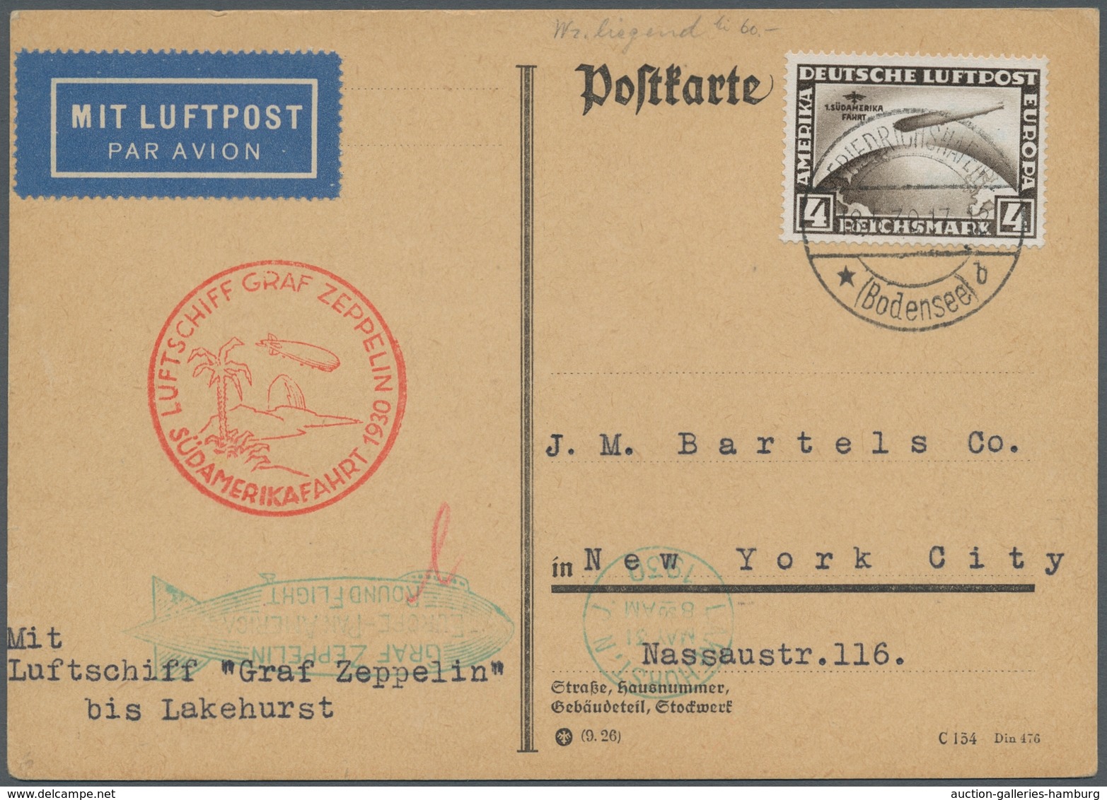 Zeppelinpost Deutschland: 1930 - SAF, Mit 4 RM SAF WZ. Y Frankierte Karte Mit Auflieferung Friedrich - Poste Aérienne & Zeppelin