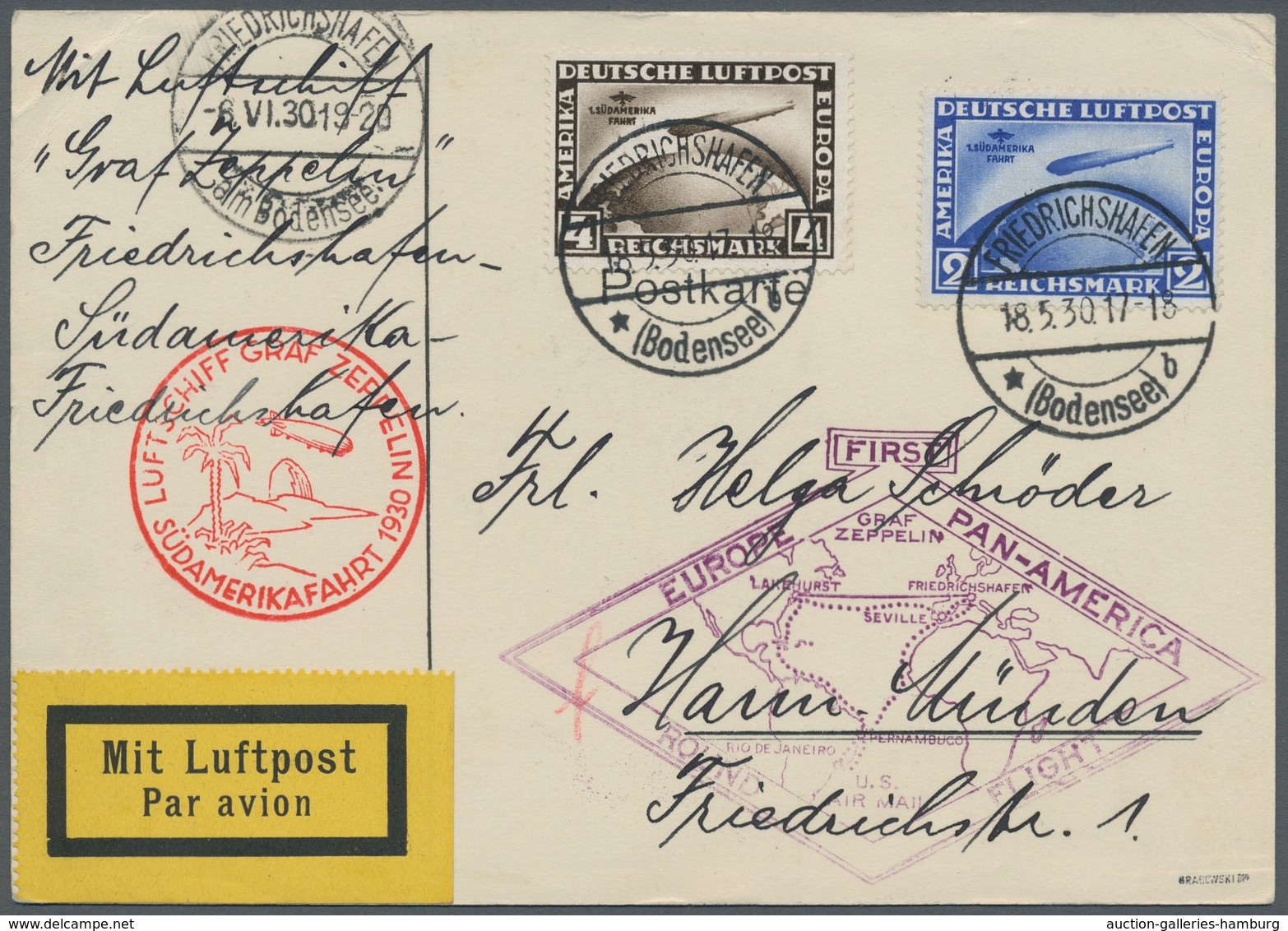 Zeppelinpost Deutschland: 1930 - SAF/Rundfahrt, Mit Komplettem Satz SAF (je WZ. Y) Frankierte Karte - Poste Aérienne & Zeppelin