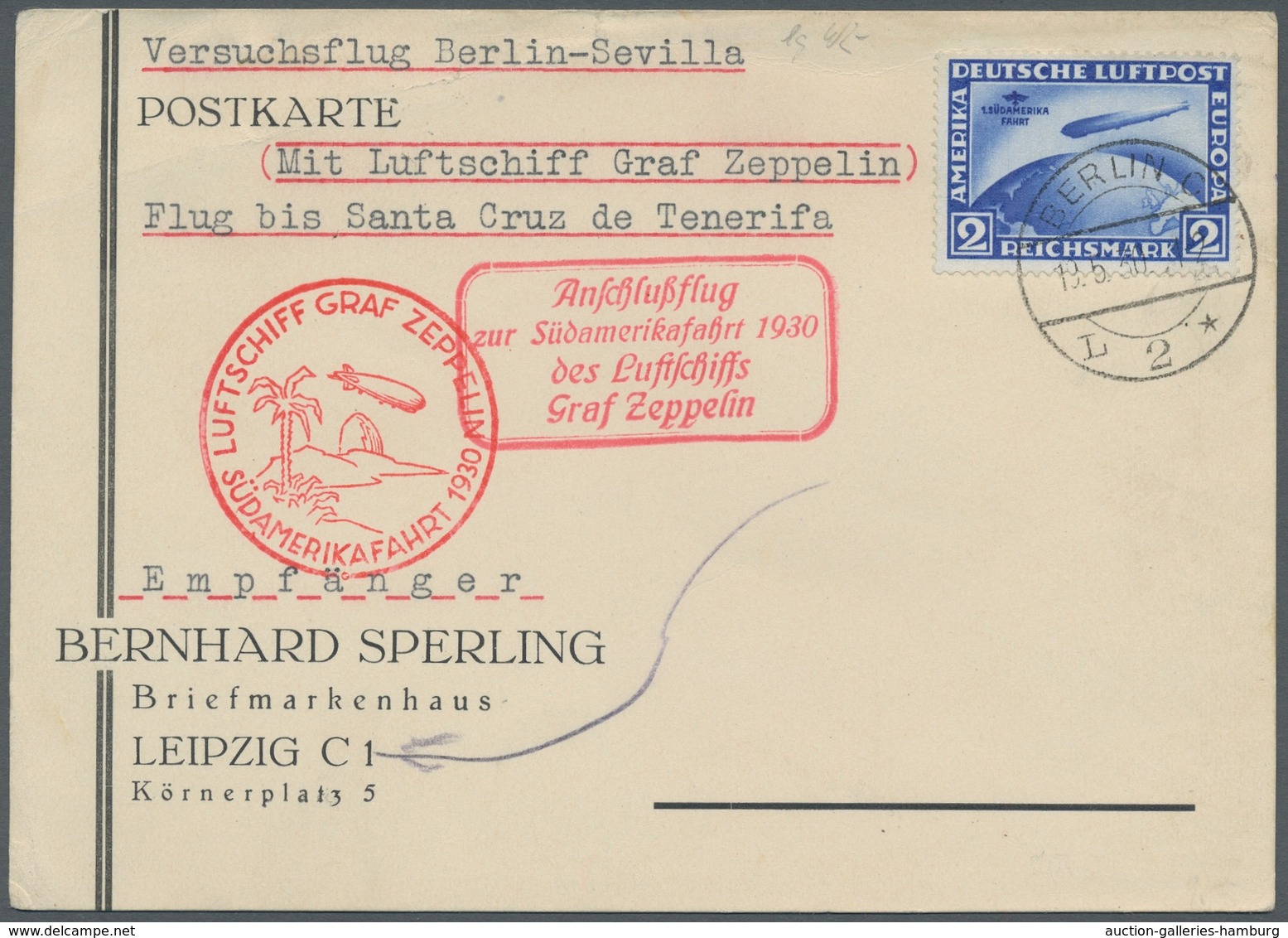 Zeppelinpost Deutschland: 1930 - SAF, Mit 2 RM SAF Frankierte Karte Des Anschlussfluges Mit Bestätig - Luft- Und Zeppelinpost