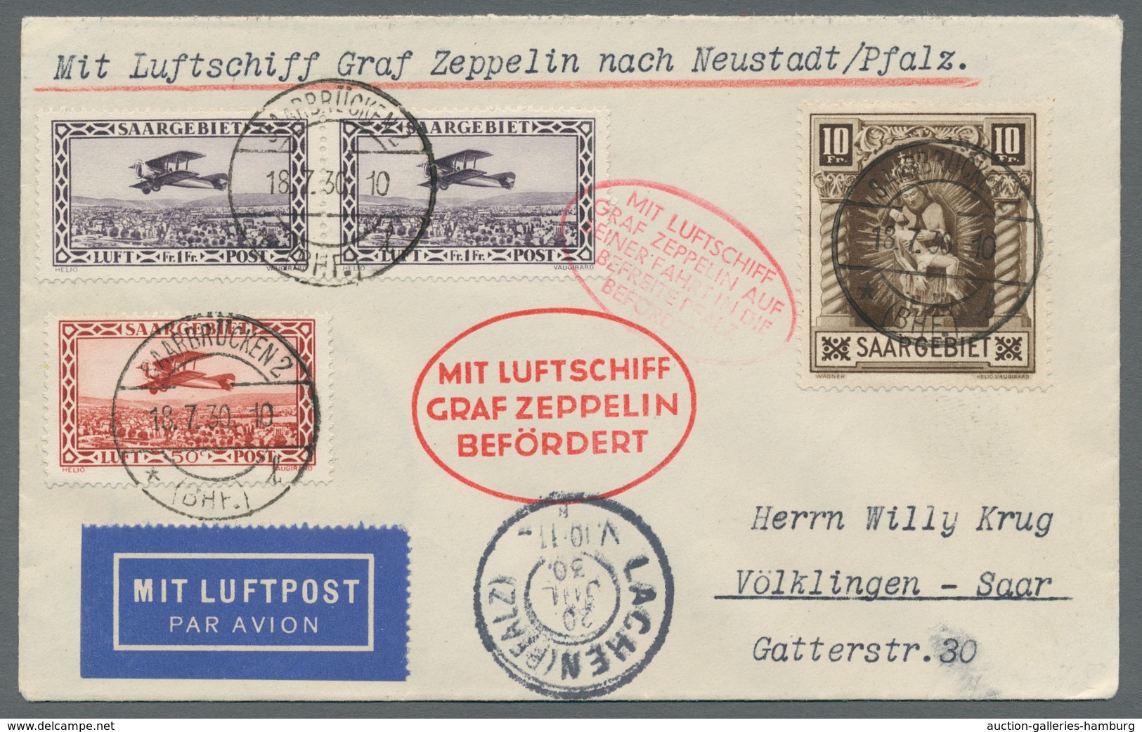 Zeppelinpost Deutschland: 1930 - Pfalzfahrt/Landung Laachen, Zuleitung Saar Auf Portorichtig Und Hoc - Correo Aéreo & Zeppelin