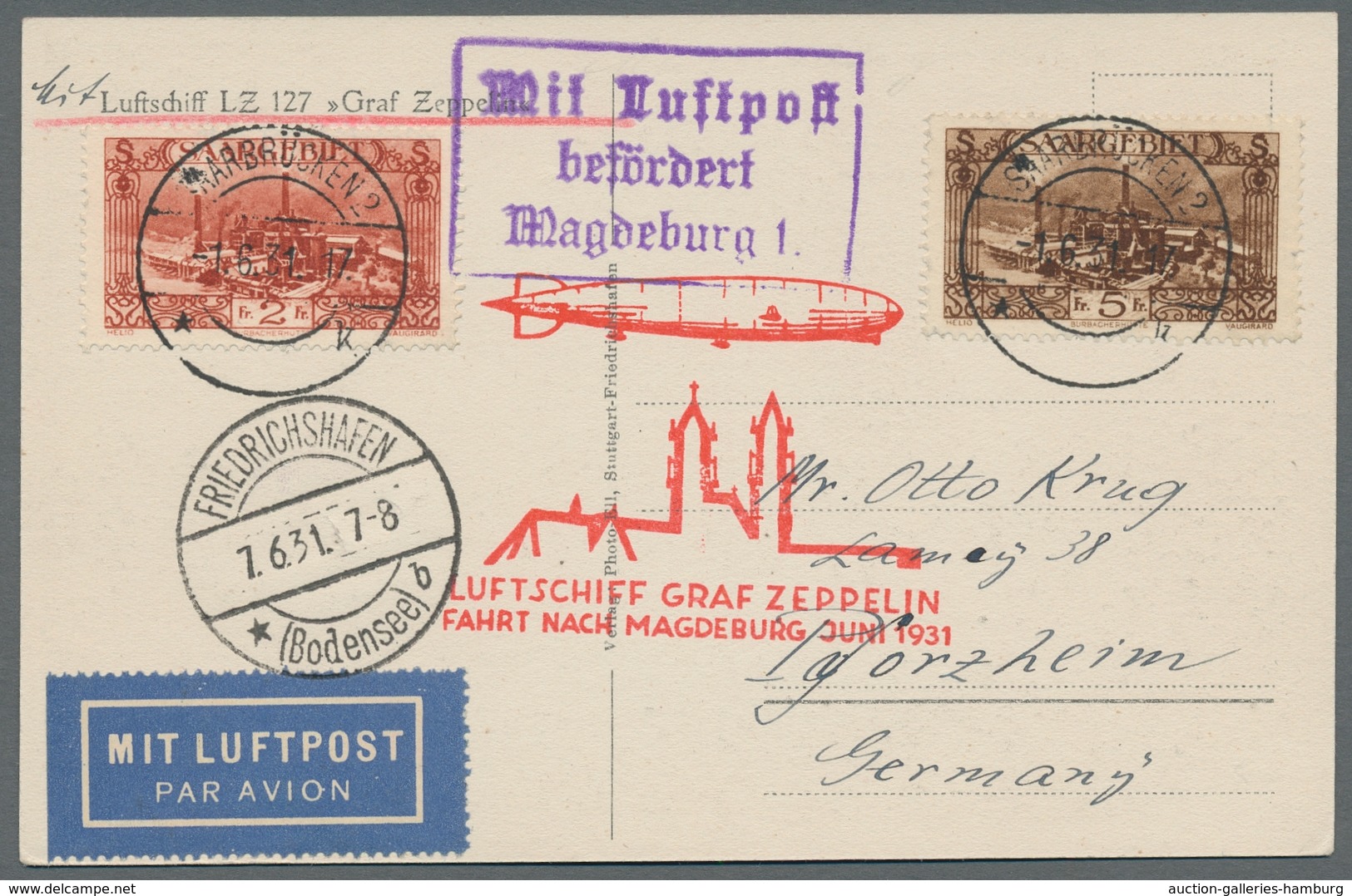 Zeppelinpost Deutschland: 1931 - Landungsfahrt Nach Magdeburg, Zuleitung Saar Auf Frankierter Karte - Luft- Und Zeppelinpost