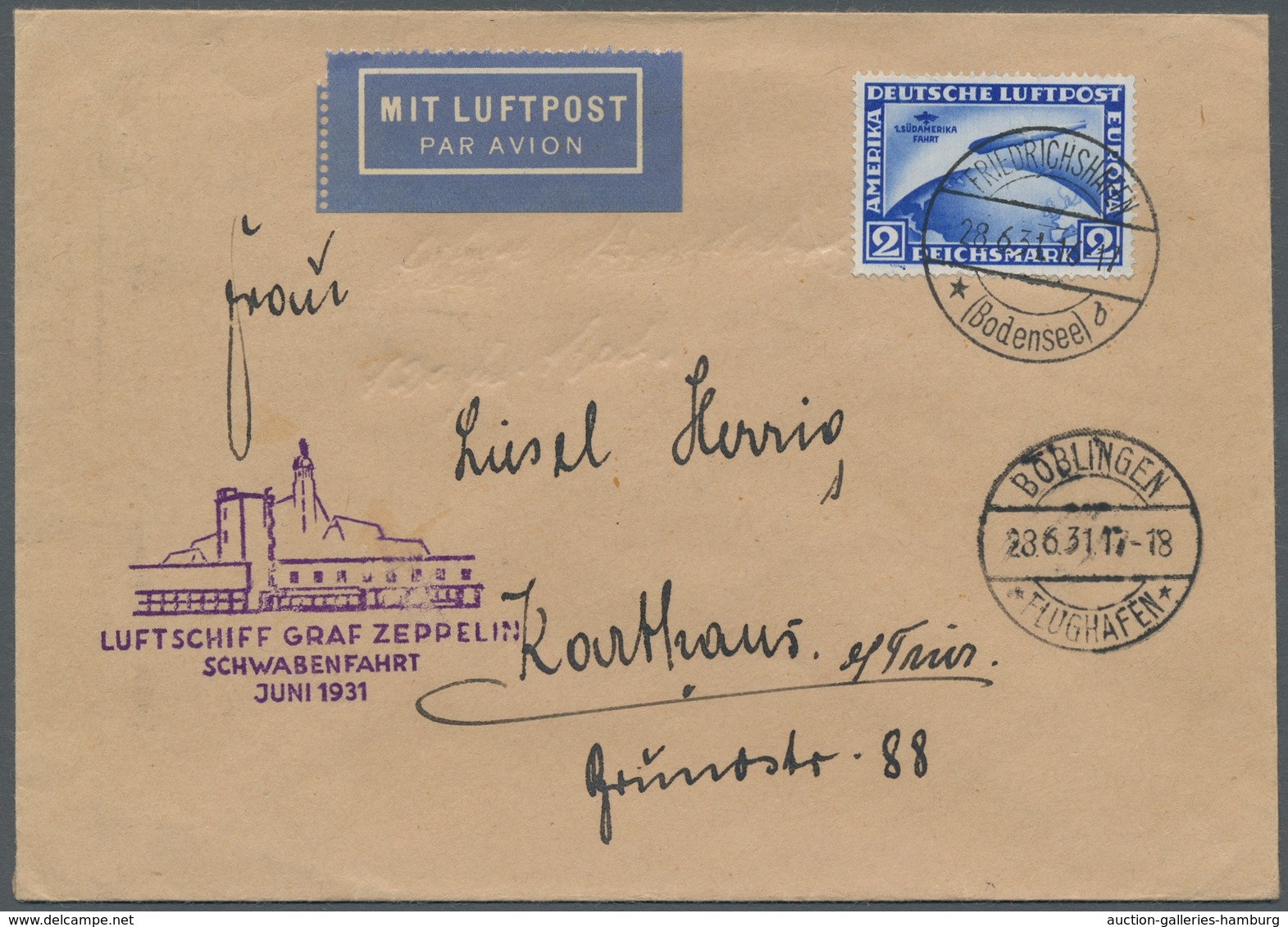 Zeppelinpost Deutschland: 1931 - Schwabenfahrt, Mit 2 RM SAF Portorichtig Frankierter Brief Mit Aufl - Luft- Und Zeppelinpost