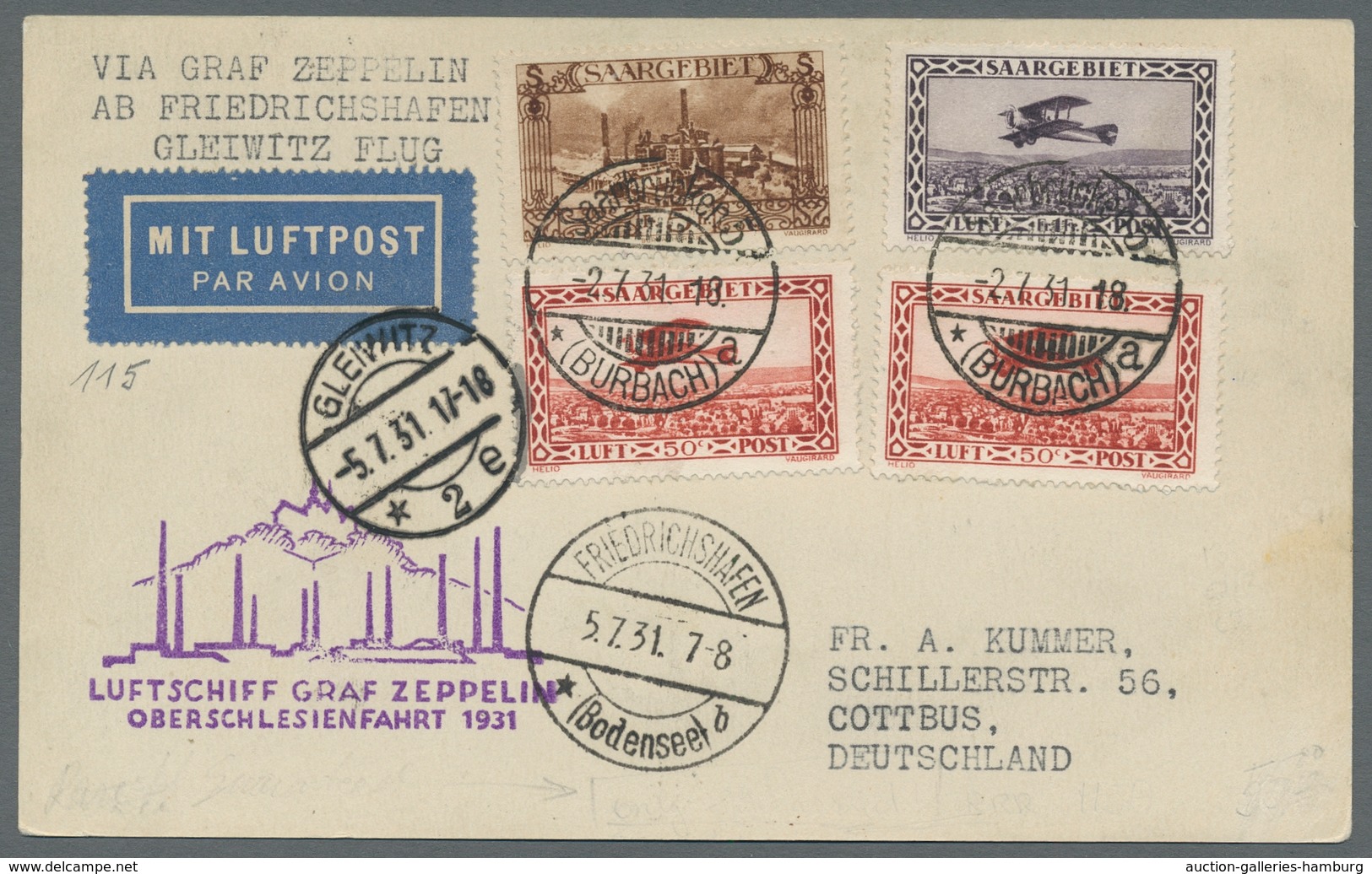 Zeppelinpost Deutschland: 1931 - Oberschlesienfahrt, Zuleitung Saar Auf Hochwertig Und Portorichtig - Luchtpost & Zeppelin