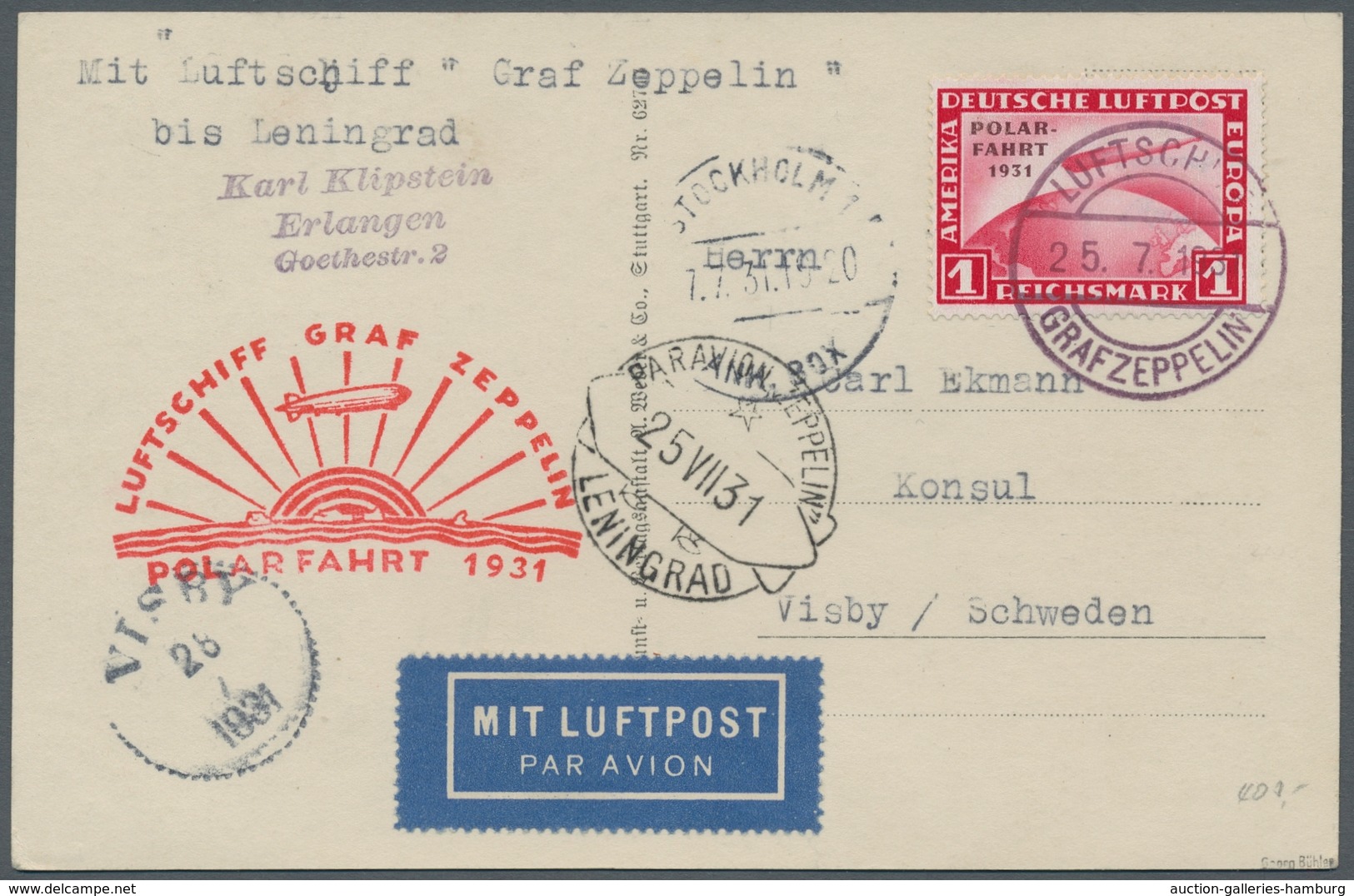 Zeppelinpost Deutschland: 1931 - Polarfahrt, Mit 1 RM Polarfahrt Frankierte AK Der Bordpost Bis Leni - Correo Aéreo & Zeppelin