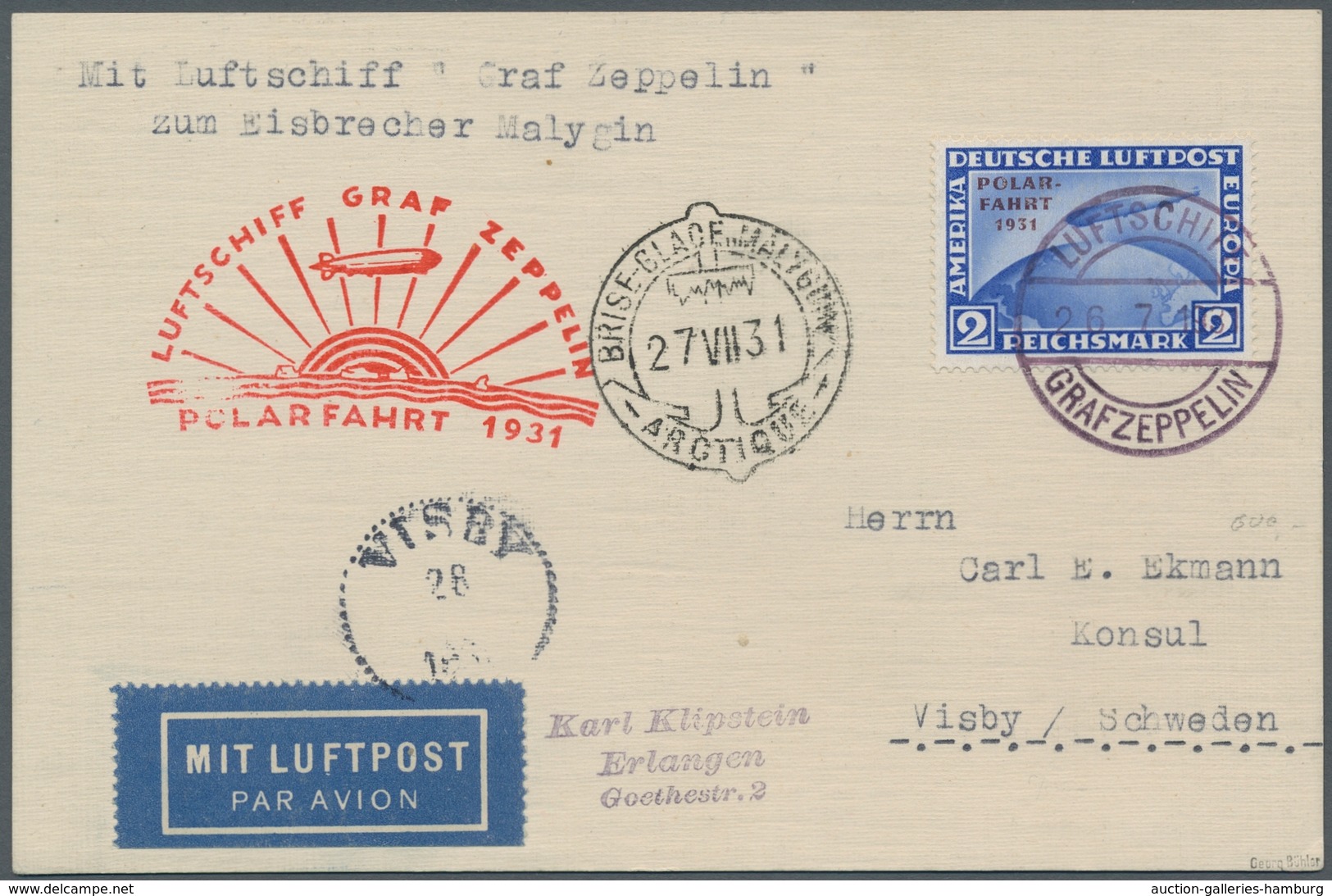 Zeppelinpost Deutschland: 1931 - Polarfahrt, Mit 2 RM Zeppelin Frankierte Bordpostkarte Bis Malygin - Correo Aéreo & Zeppelin