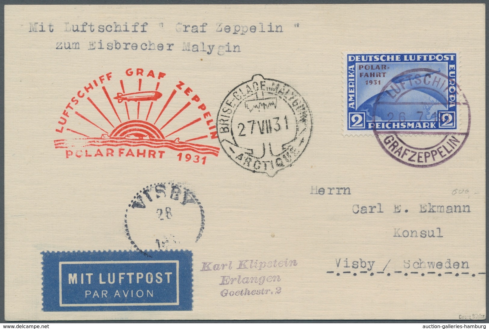 Zeppelinpost Deutschland: 1931 - Polarfahrt, Mit 2 RM Zeppelin Frankierte Bordpostkarte Bis Malygin - Poste Aérienne & Zeppelin
