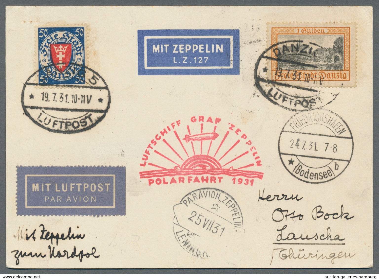 Zeppelinpost Deutschland: 1931 - Polarfahrt, Zuleitung Danzig Auf Karte Mit Auflieferung Friedrichsh - Luft- Und Zeppelinpost