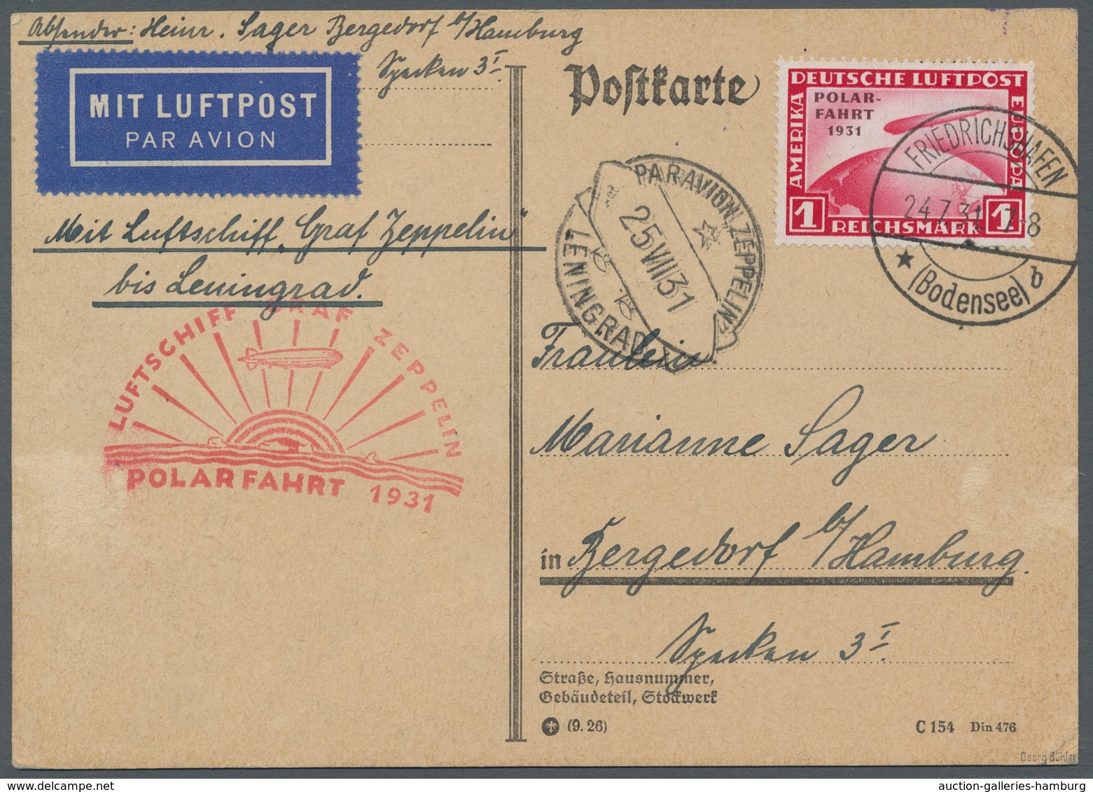 Zeppelinpost Deutschland: 1931 - Polarfahrt, Portorichtig Mit 1 RM Polarfahrt Frankierte Karte Mit A - Correo Aéreo & Zeppelin