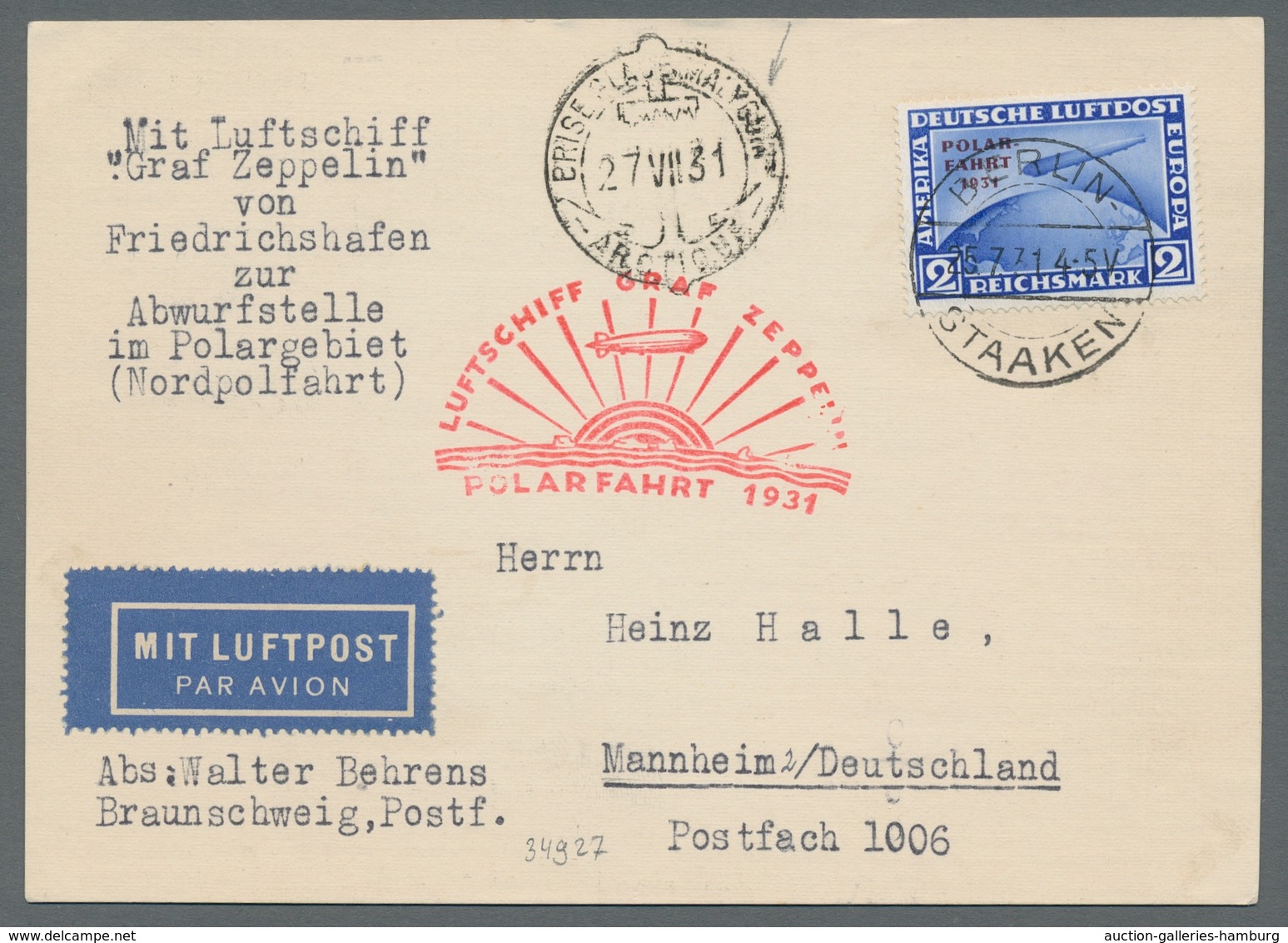 Zeppelinpost Deutschland: 1931 - Polarfahrt, Mit "2 RM Polarfahrt" Frankierte Karte Mit Auflieferung - Correo Aéreo & Zeppelin