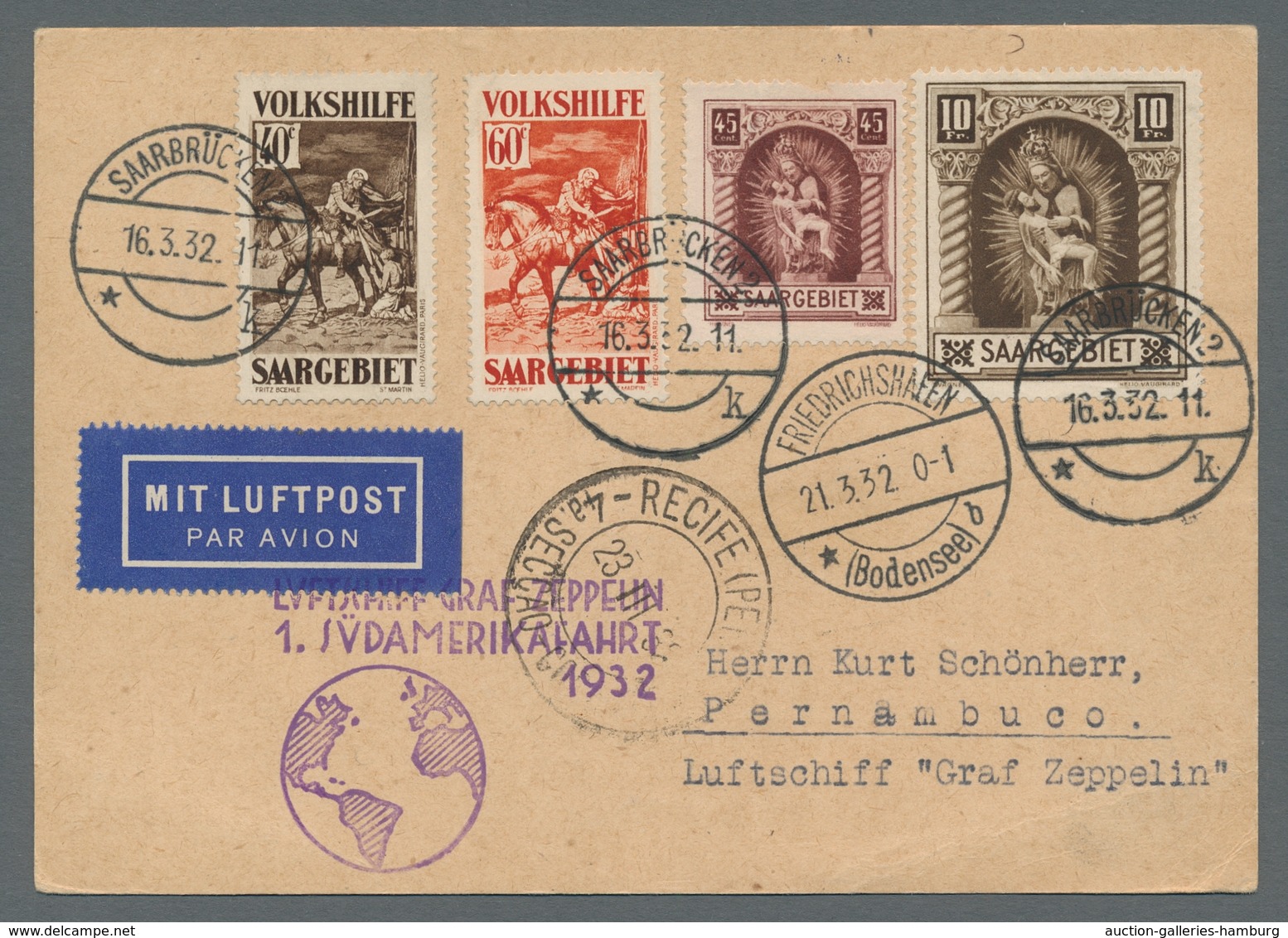 Zeppelinpost Deutschland: 1932 - 1. SAF, Zuleitung Saar Auf Hochwertig Mit Mi. 102-03 Und 151-52 Fra - Correo Aéreo & Zeppelin