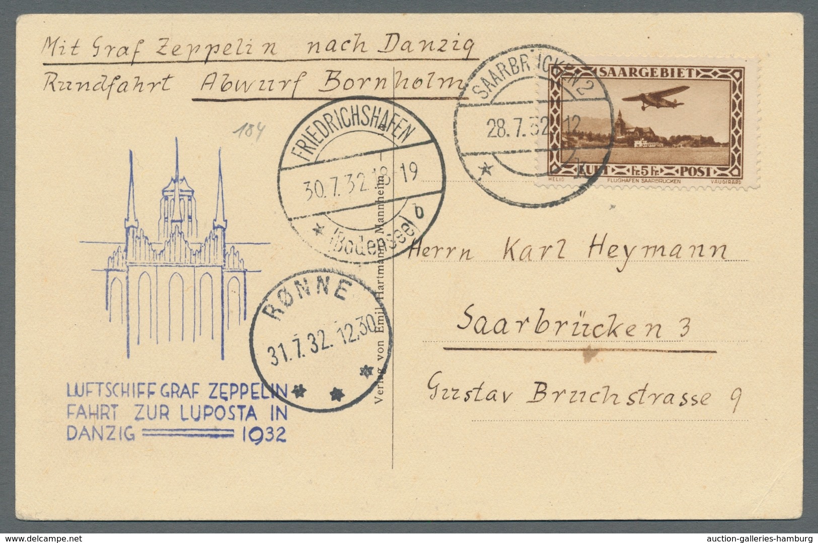 Zeppelinpost Deutschland: 1932 - LUPOSTA-Fahrt, Zuleitung Saar Auf Portorichtig Mit EF Mi. 159 Frank - Correo Aéreo & Zeppelin