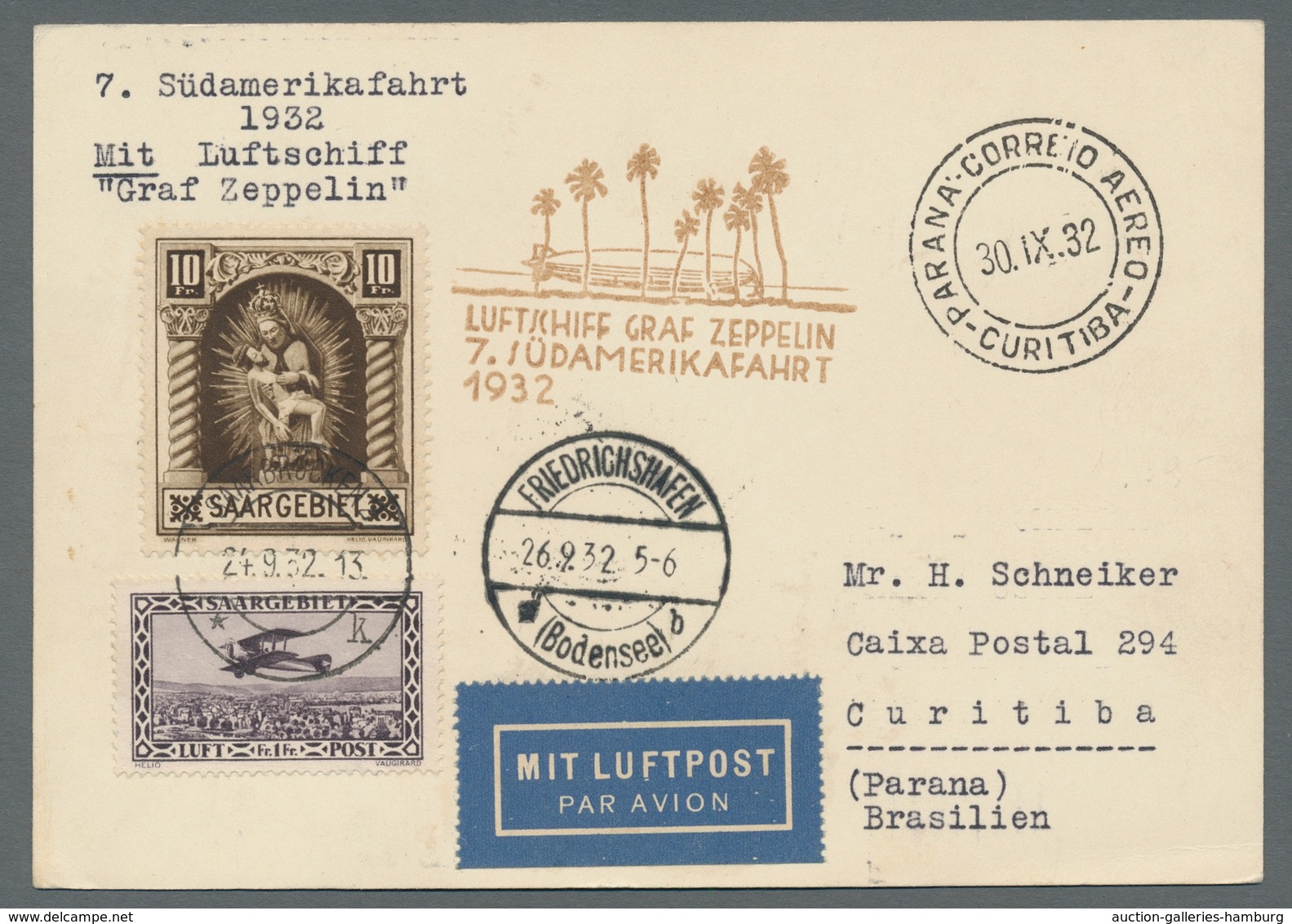 Zeppelinpost Deutschland: 1932 - 7. SAF, Zuleitung Saar Auf Portorichtig Und Hochwertig Mit U.a. Mi. - Correo Aéreo & Zeppelin