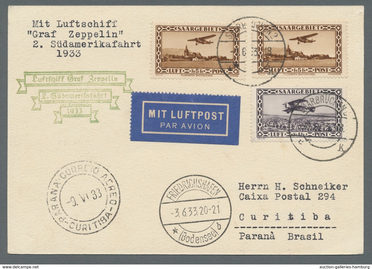 Zeppelinpost Deutschland: 1933 - 2. SAF, Zuleitung Saar Auf Hochwertig Frankierter Karte Mit Auflief - Luchtpost & Zeppelin