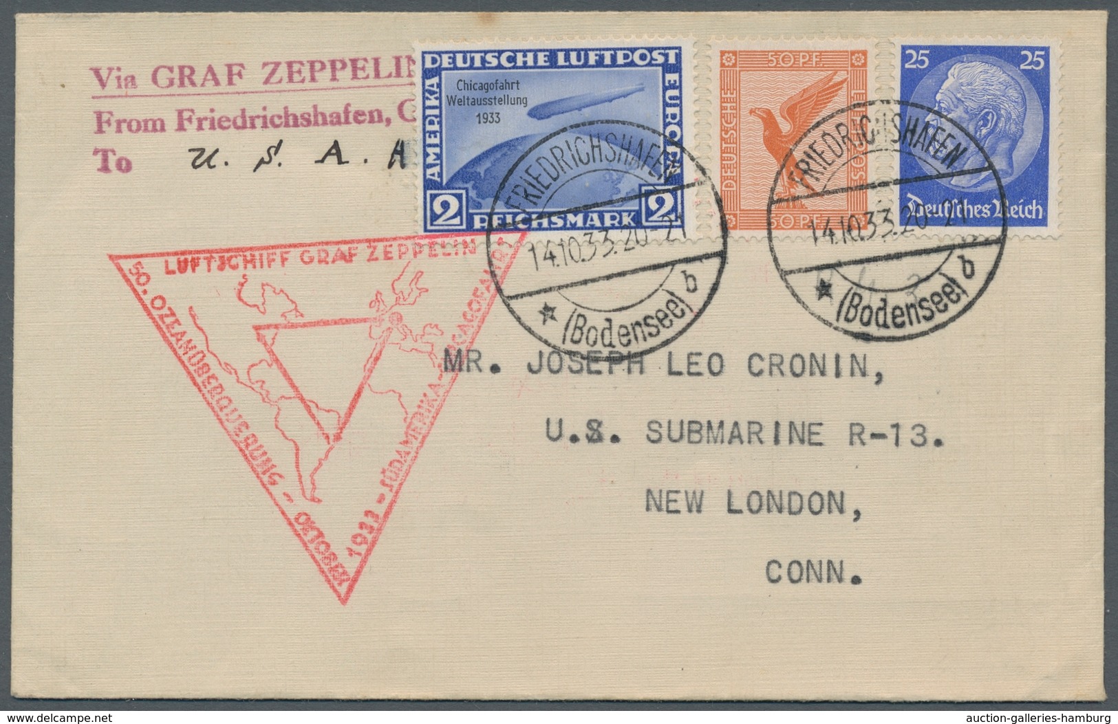 Zeppelinpost Deutschland: 1933 - Chicagofahrtfahrt, Mit 2 RM Chicagofahrt Und Zusatzfrankatur Franki - Correo Aéreo & Zeppelin