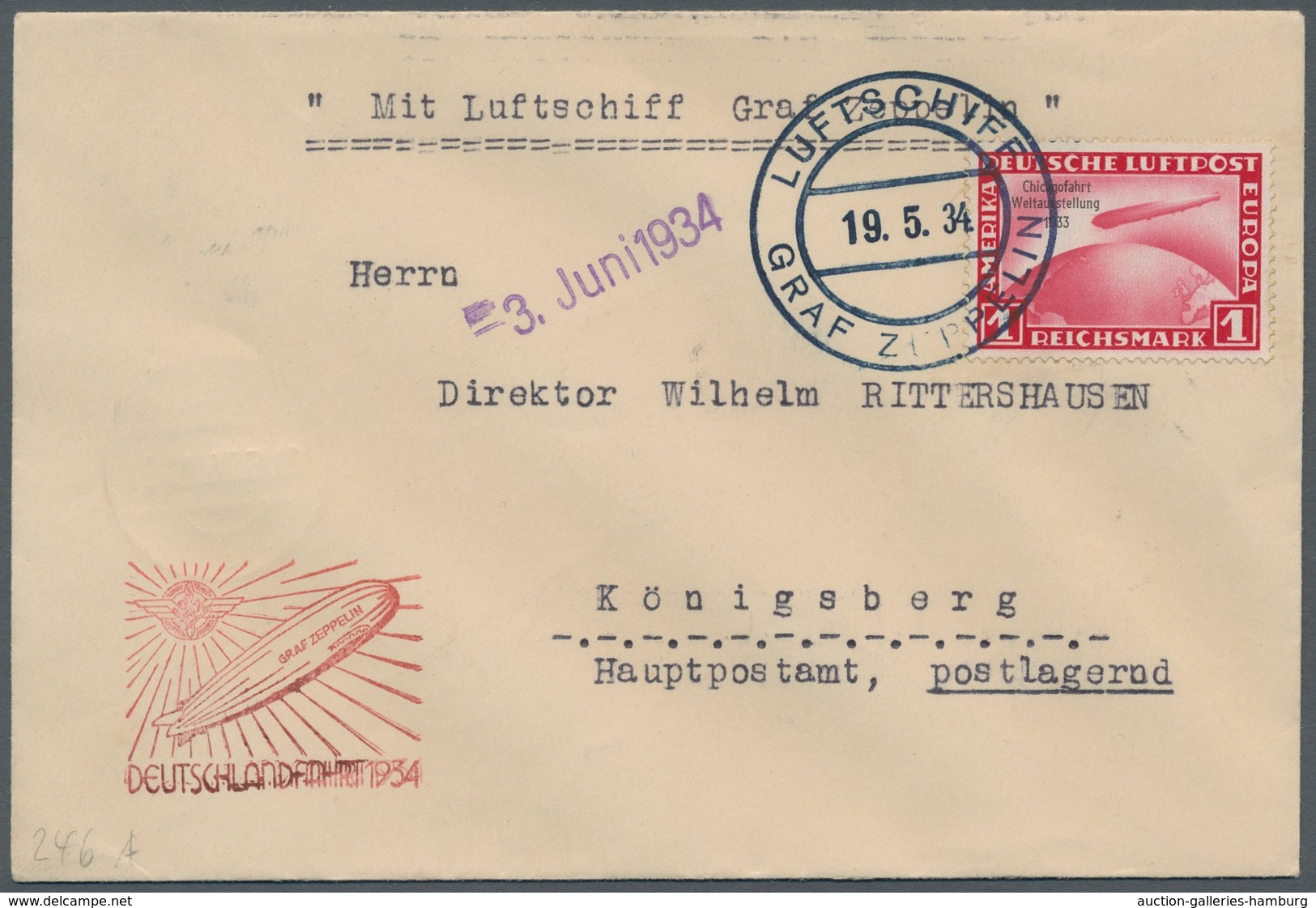 Zeppelinpost Deutschland: 1934 - Deutschlandfahrt, Mit 1 RM Chicagofahrt Portorichtig Frankierter Br - Correo Aéreo & Zeppelin