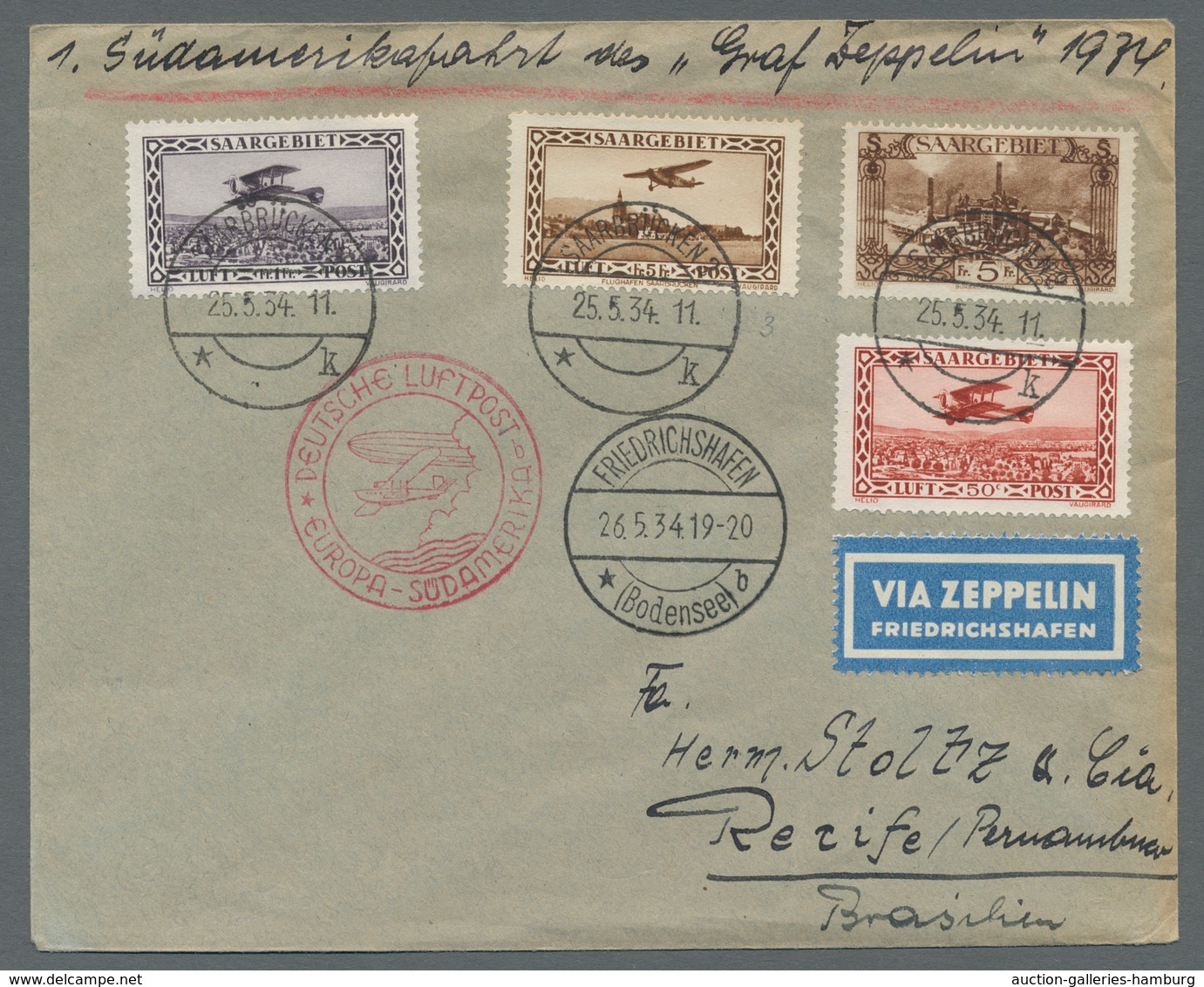 Zeppelinpost Deutschland: 1934 - 1. SAF, Zuleitung Saar Auf Portorichtig Frankiertem Brief Mit Aufli - Correo Aéreo & Zeppelin