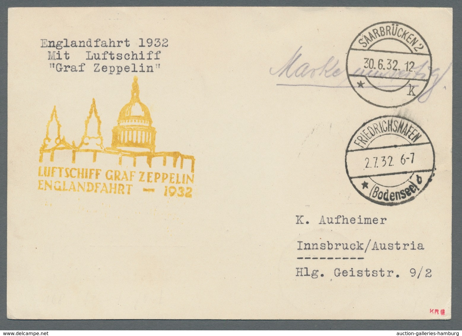 Zeppelinpost Deutschland: 1932 - Englandfahrt, Zuleitung Saar Auf Hochwertig Und Portorichtig Mit Mi - Luft- Und Zeppelinpost
