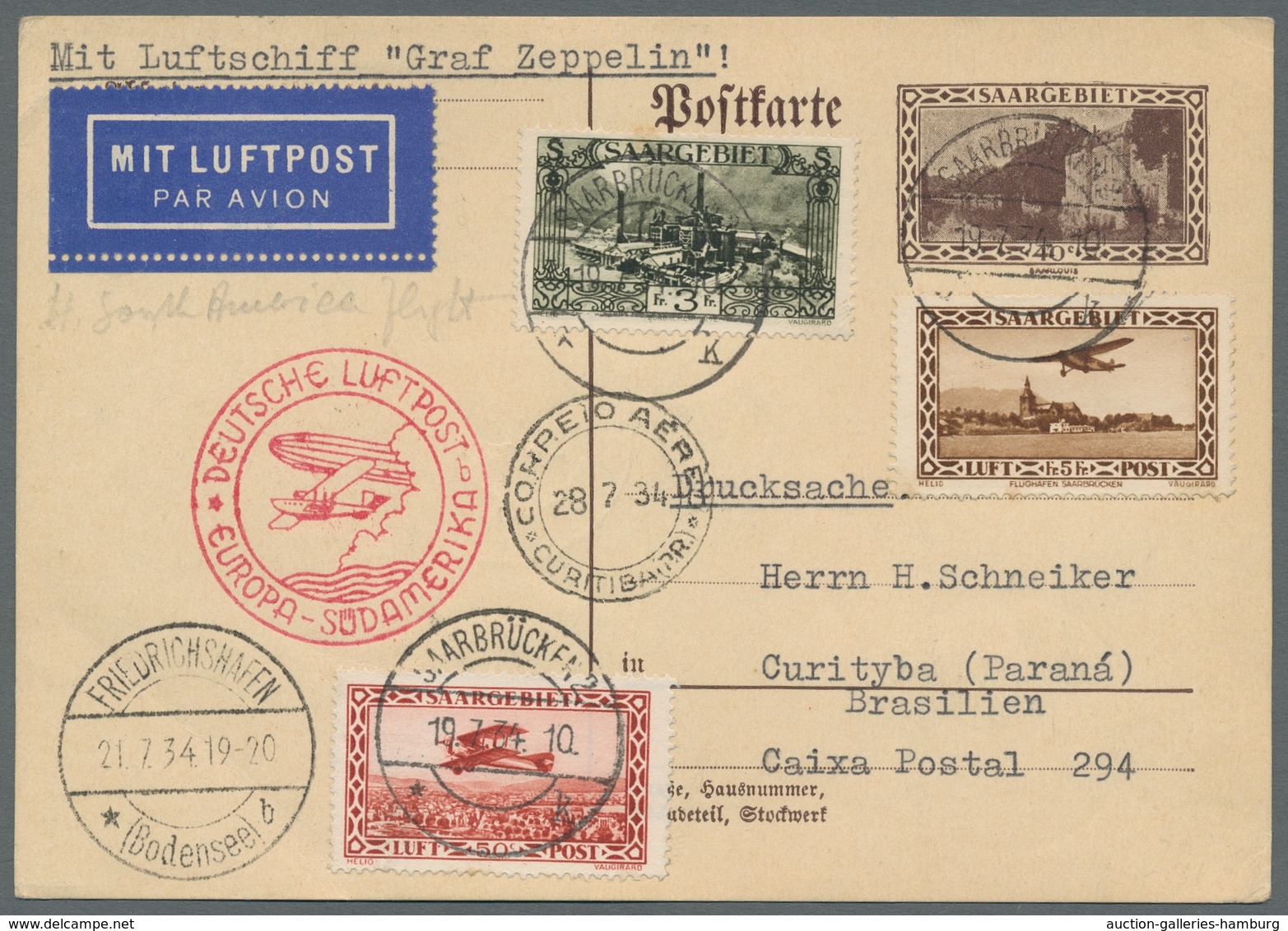 Zeppelinpost Deutschland: 1934 - 4. SAF, Zuleitung Saar Mit Auflieferung Friedrichshafen Auf Ganzsac - Correo Aéreo & Zeppelin