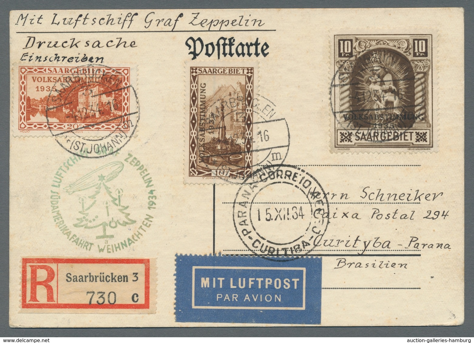 Zeppelinpost Deutschland: 1934 - Weihnachtsfahrt, Zuleitung Saar Auf Seltener Und Portorichtiger Dru - Correo Aéreo & Zeppelin