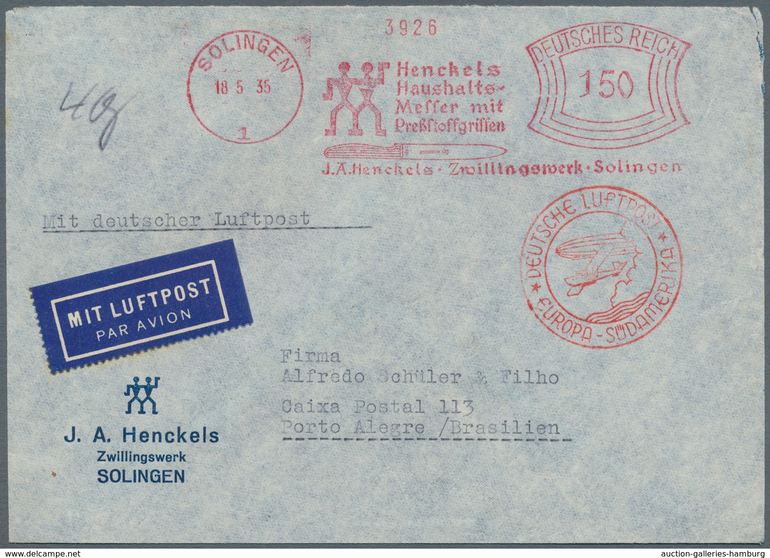 Zeppelinpost Deutschland: 1935, 4. Südamerikafahrt, Brief Mit Freistempel "SOLINGEN 1 18.5.35 - Zwil - Correo Aéreo & Zeppelin