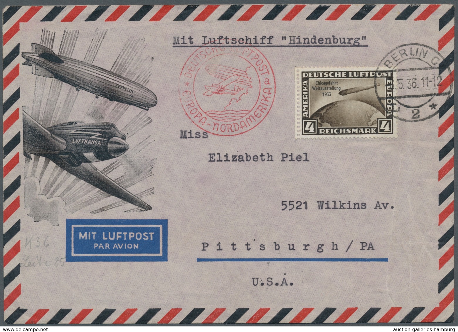 Zeppelinpost Deutschland: 1936 - 1. NOF, Mit 4 RM Chicagofahrt Portorichtig Als EF Frankierter Brief - Correo Aéreo & Zeppelin
