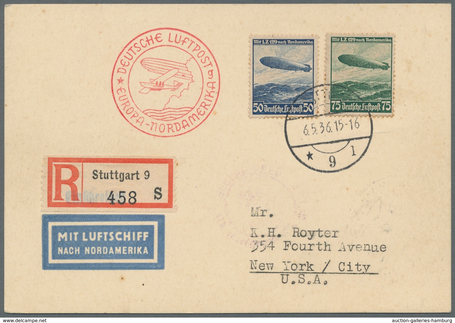 Zeppelinpost Deutschland: 1936, "1.Nordamerikafahrt" 5 Belege Mit Entsprechenden Flugbestätigungsste - Correo Aéreo & Zeppelin