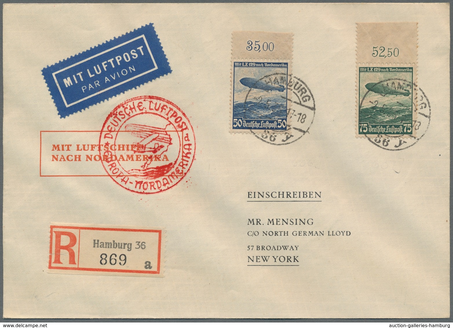 Zeppelinpost Deutschland: 1936, "1.Nordamerikafahrt" 5 Belege mit entsprechenden Flugbestätigungsste