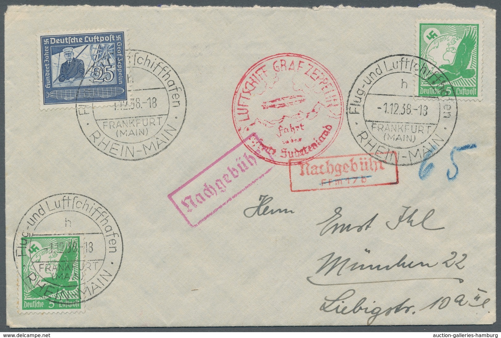 Zeppelinpost Deutschland: 1938, Sudetenlandfahrt, Seltener Zeppelin-Nachporto-Brief Mit Attraktiver - Correo Aéreo & Zeppelin