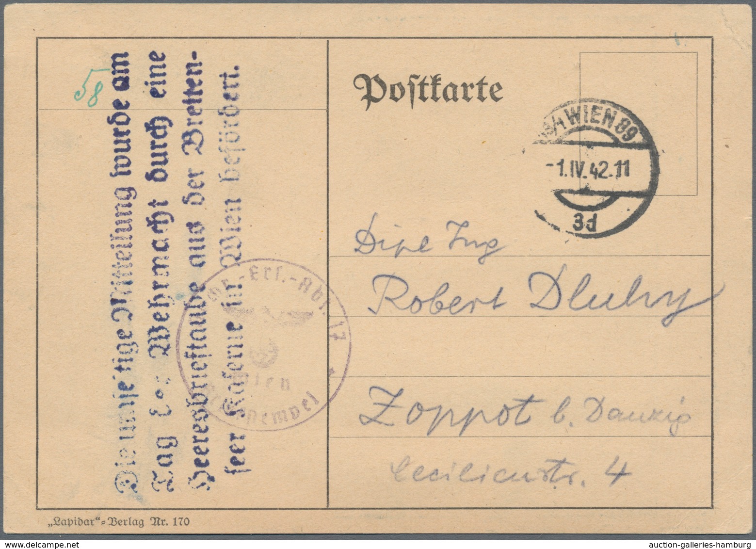 Brieftaubenpost: 1942, Feldpostkarte Mit Truppenstempel Der "Nachr.-Ers.-Abt.17 Wien" Von WIEN 89, 1 - Tauben & Flughühner