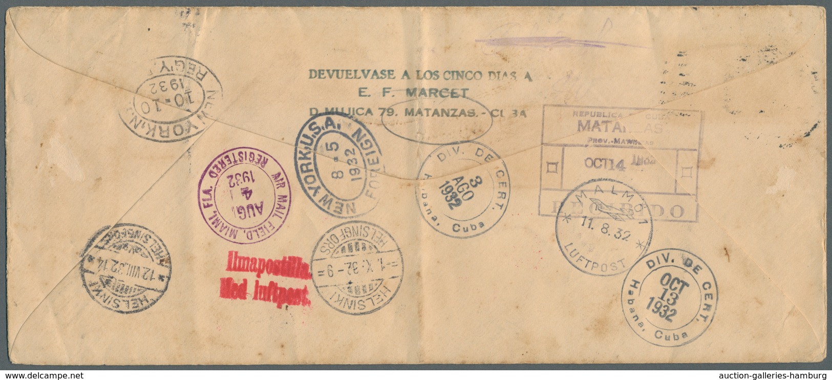 Katapult- / Schleuderflugpost: 1932, 2 Aug - 14 Oct, Catapult Flight Mail Cuba-Finland And Retour, U - Correo Aéreo & Zeppelin