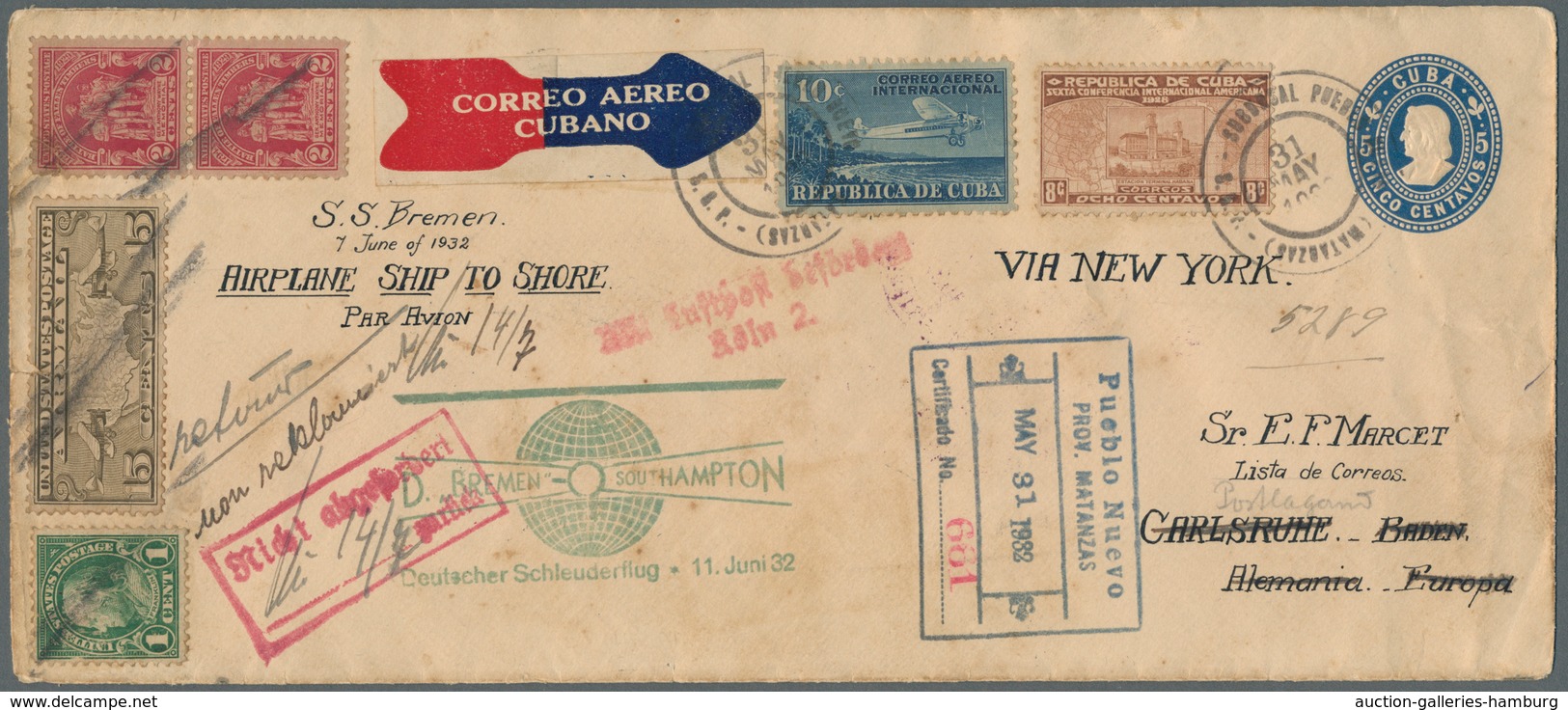 Katapult- / Schleuderflugpost: 1932, 31 May - 27 Jul, Catapult Flight Mail Cuba-Germany And Retour, - Luchtpost & Zeppelin