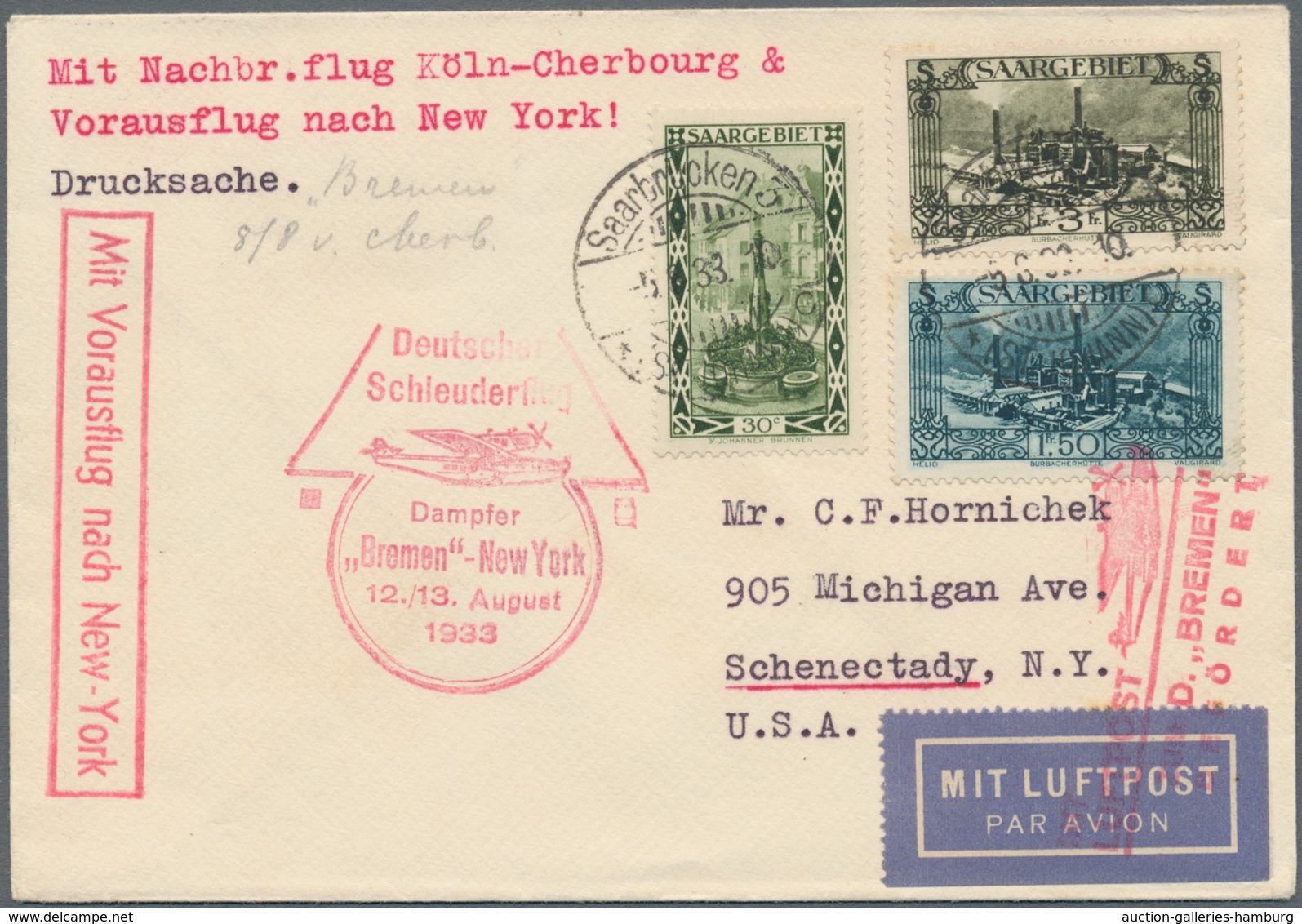 Katapult- / Schleuderflugpost: 1933, Luftpostkarte Mit Nachbringeflug Köln-Cherbourg Und Vorausflug - Luft- Und Zeppelinpost
