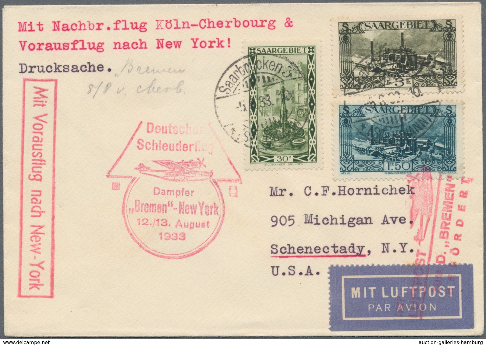 Katapult- / Schleuderflugpost: 1933, Luftpostkarte Mit Nachbringeflug Köln-Cherbourg Und Vorausflug - Poste Aérienne & Zeppelin