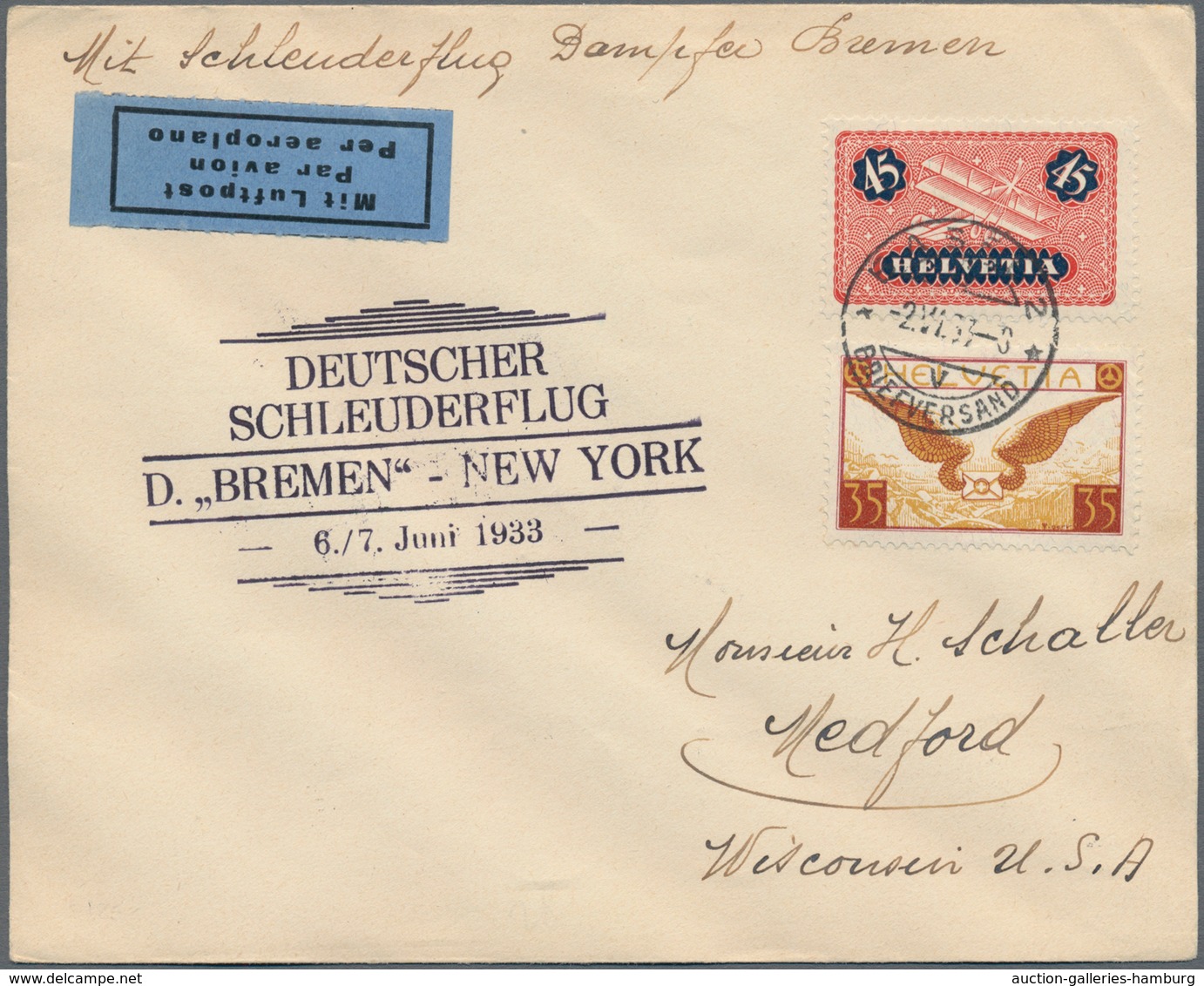 Katapult- / Schleuderflugpost: 1933, Letter From BASEL 2- 2.VI.33 With Blue Cachet "DEUTSCHER SCHLEU - Correo Aéreo & Zeppelin