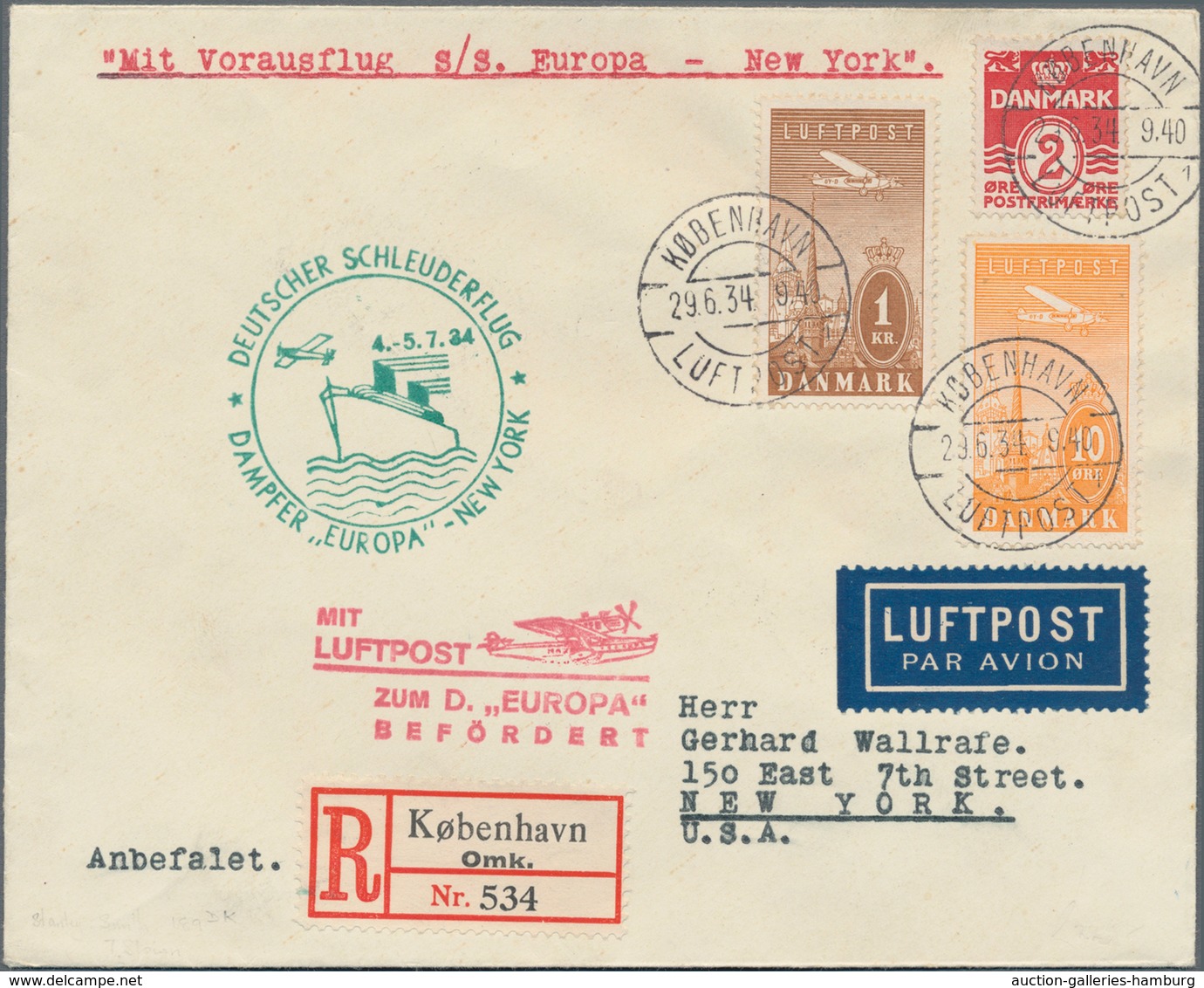 Katapult- / Schleuderflugpost: 1934, Danish Contract Stata Mail Registered From Kopenhagen Via "Köln - Correo Aéreo & Zeppelin