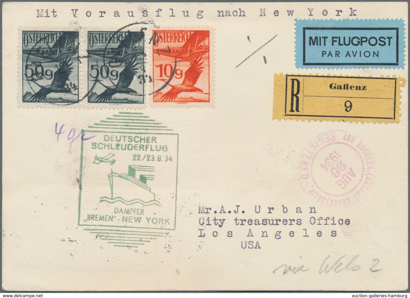 Katapult- / Schleuderflugpost: 1934, Contract State Letter Sent Registered From Gaflenz Via Frankfur - Correo Aéreo & Zeppelin