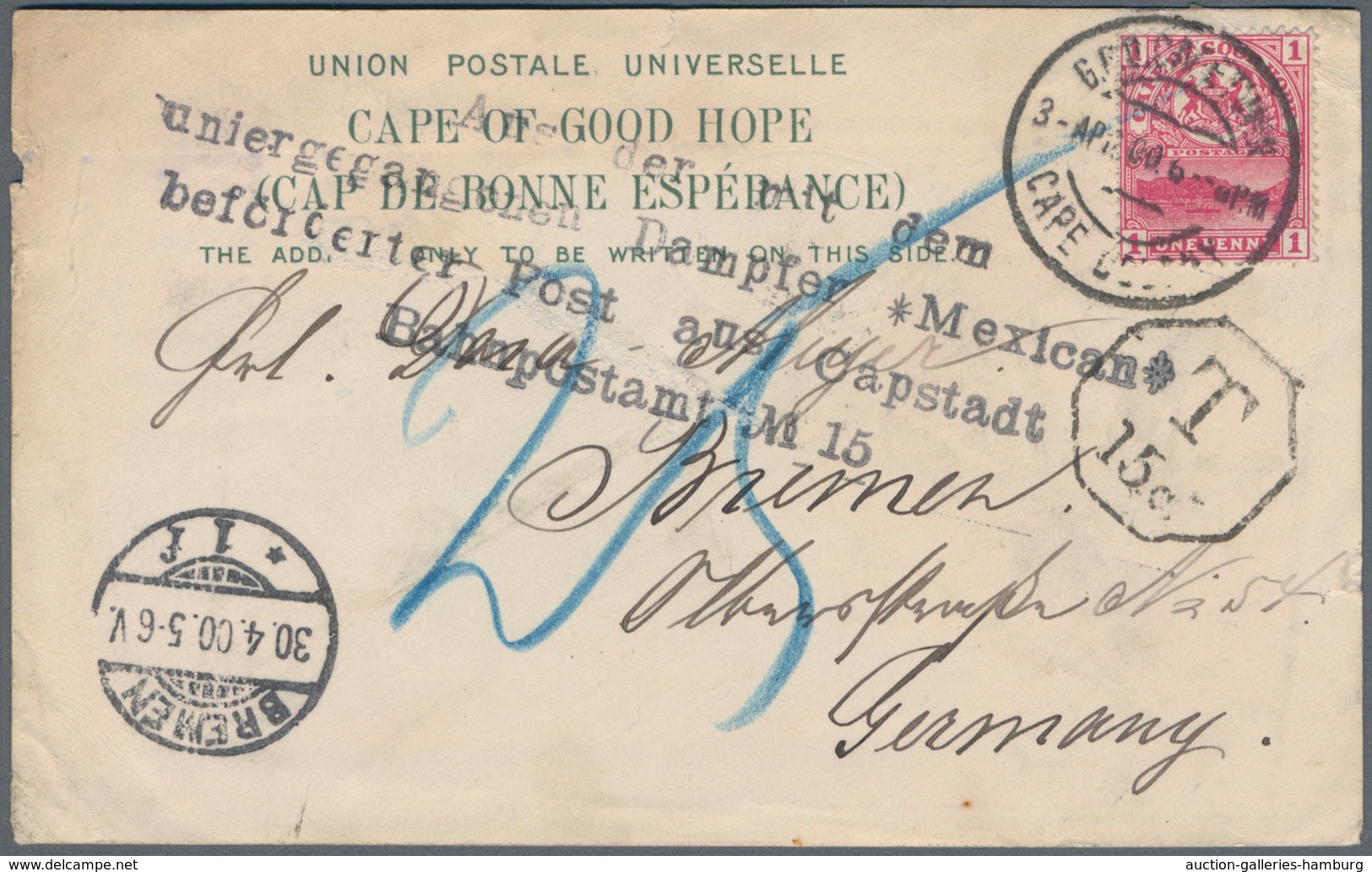 Katastrophenpost: 1900, Cape Of Good Hope Ppc "Greetings From Cape Town" Bearing 1d. Carmine Used 3. - Other & Unclassified