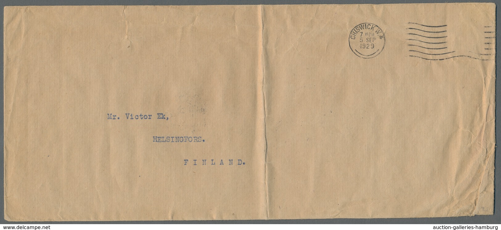 Katastrophenpost: 1929, Large-format Letter From Chiswick To Finland, Stamp Dropped, On Reverse Labe - Sonstige & Ohne Zuordnung