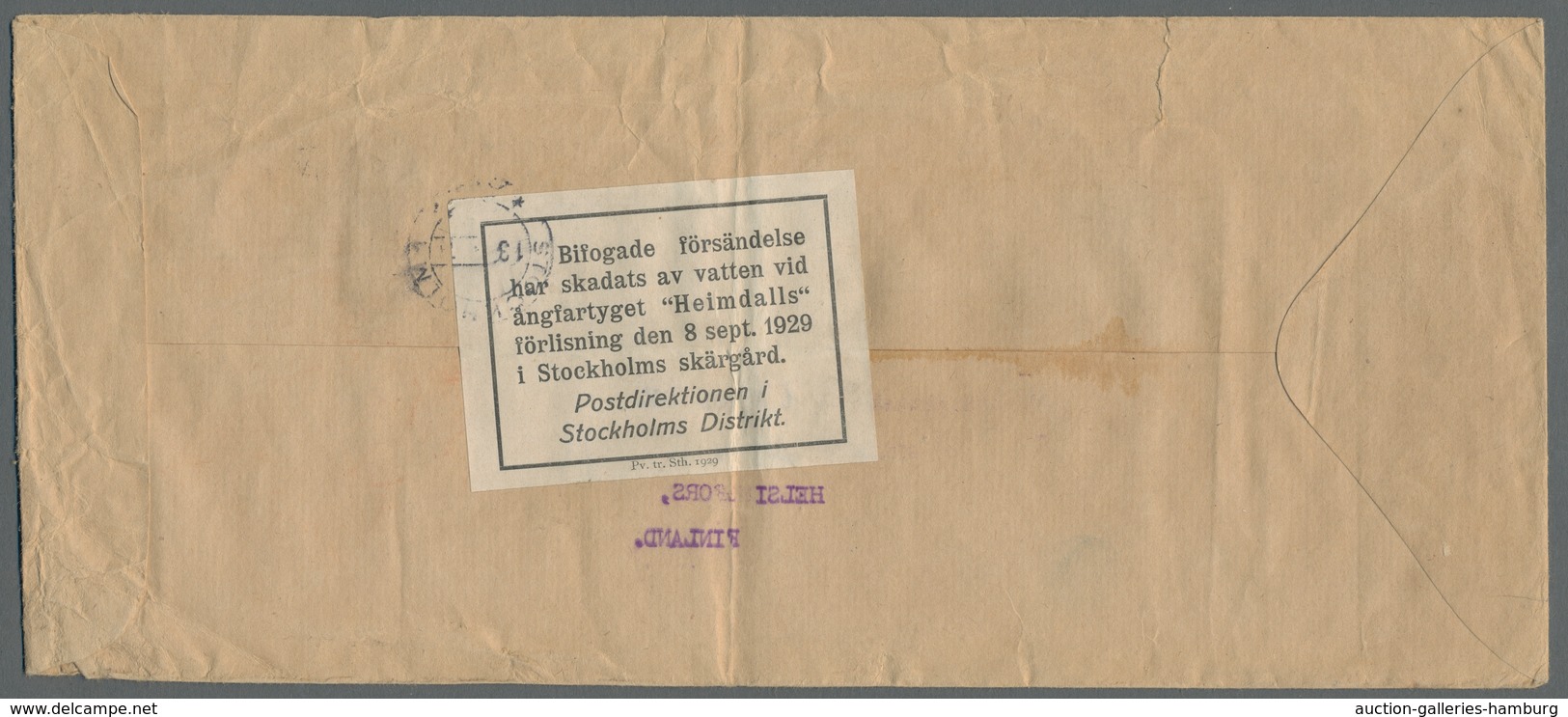 Katastrophenpost: 1929, Large-format Letter From Chiswick To Finland, Stamp Dropped, On Reverse Labe - Sonstige & Ohne Zuordnung