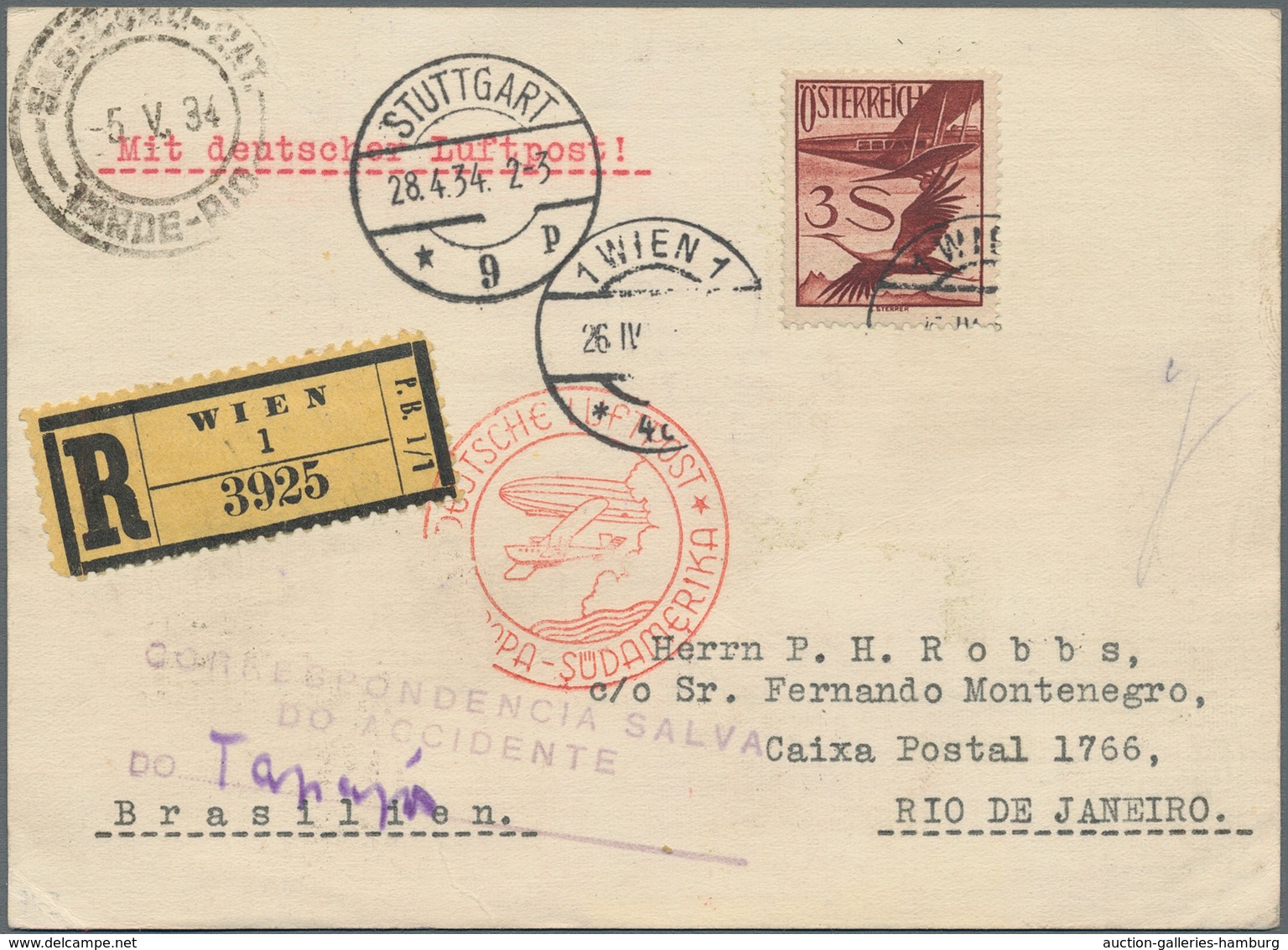 Katastrophenpost: 1934, Registered Card From Vienna 26.4.34 To Rio De Janeiro Via Stuttgart 28.4.34/ - Autres & Non Classés