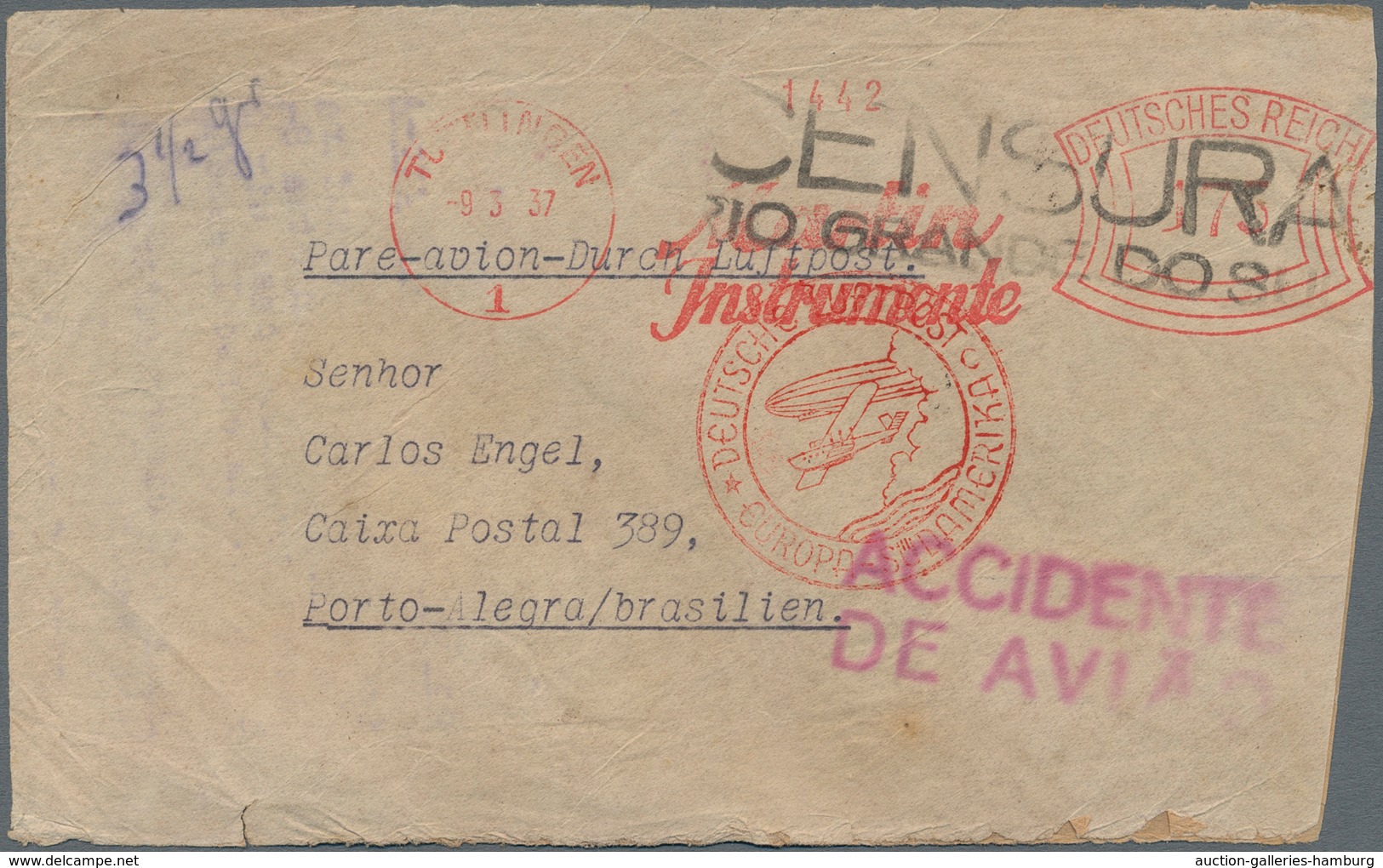 Katastrophenpost: 1937, German Airmail Cover With Red Handstamp "EUROPA-SÜDAMERIKA" From Tuttlingen - Other & Unclassified